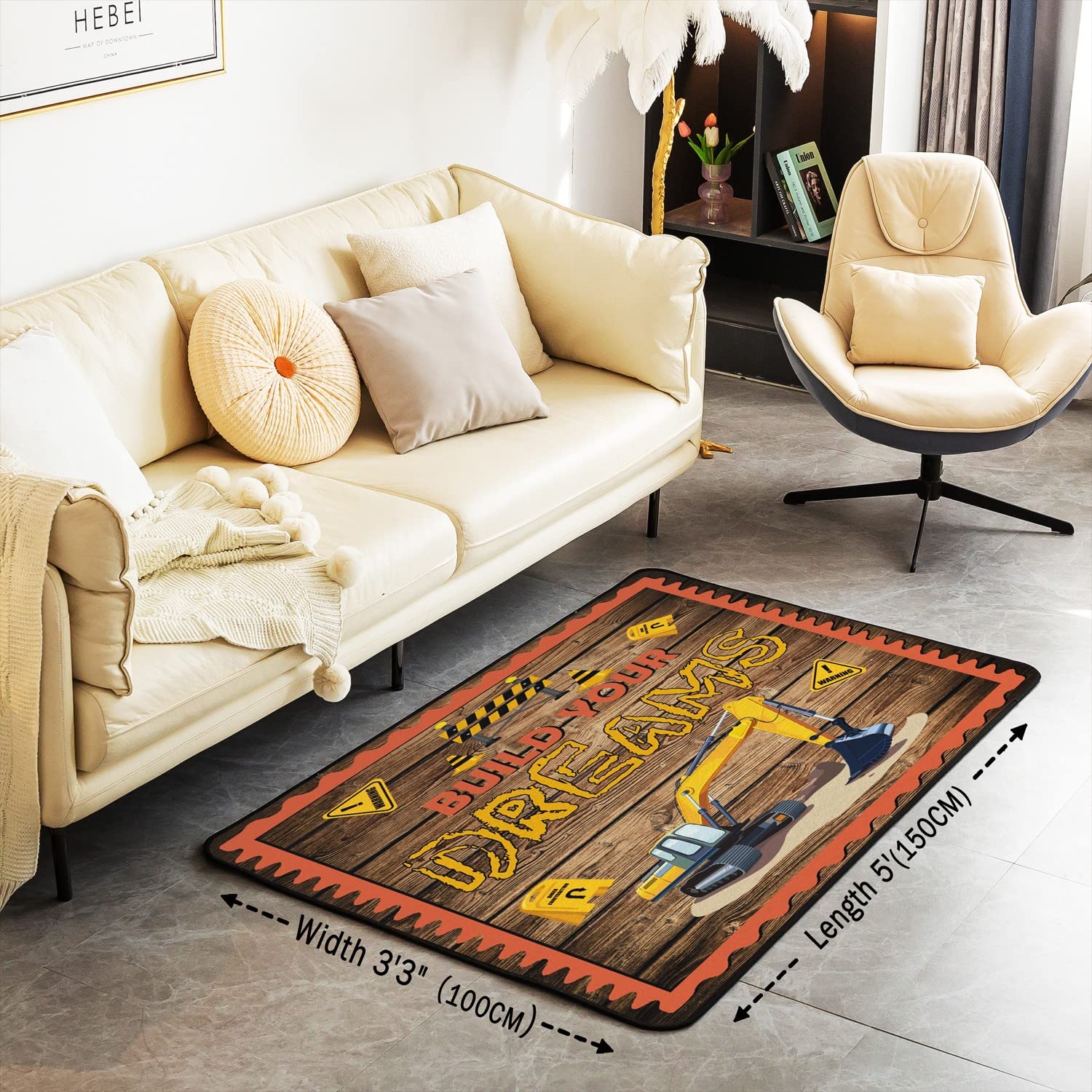 Loussiesd Tappeto decorativo per escavatore, tappeto da costruzione, per soggiorno, in legno, per bambini, attrezzature, camion, tappeto decorativo in microfibra, per auto, 100 x 150 cm
