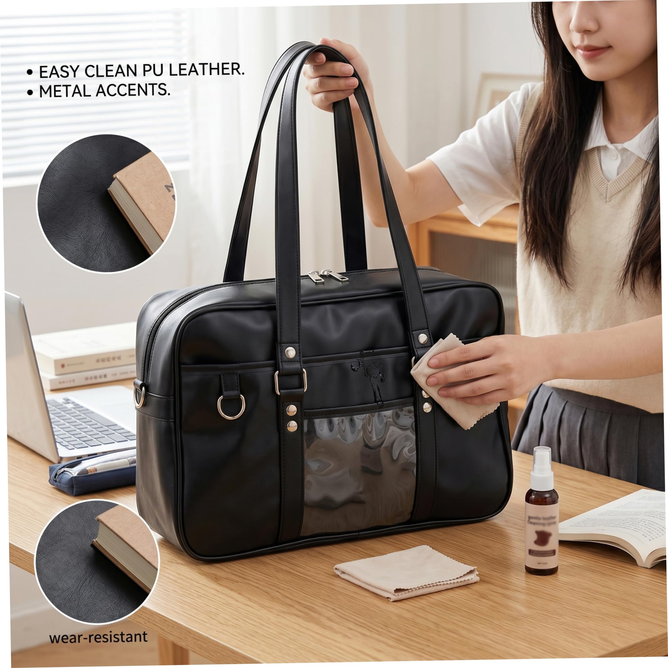 Itabag Bolso Escolar Japonés, Bolso Kawaii De Un Solo Hombro De Cuero De Pu con Bolsillo Transparente, Negro.