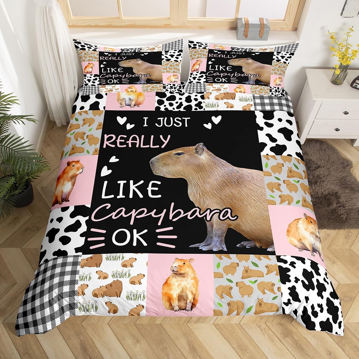 Homewish Capybara Liebhaber Bettwäsche 135x200 Nette Capybaras Bettbezug Geometrie Gitter Patchwork Tröster Abdeckung Schöne Nagetiere Capybara Bettbezug Lustige Capybaras Weich Bettwäsche-Set