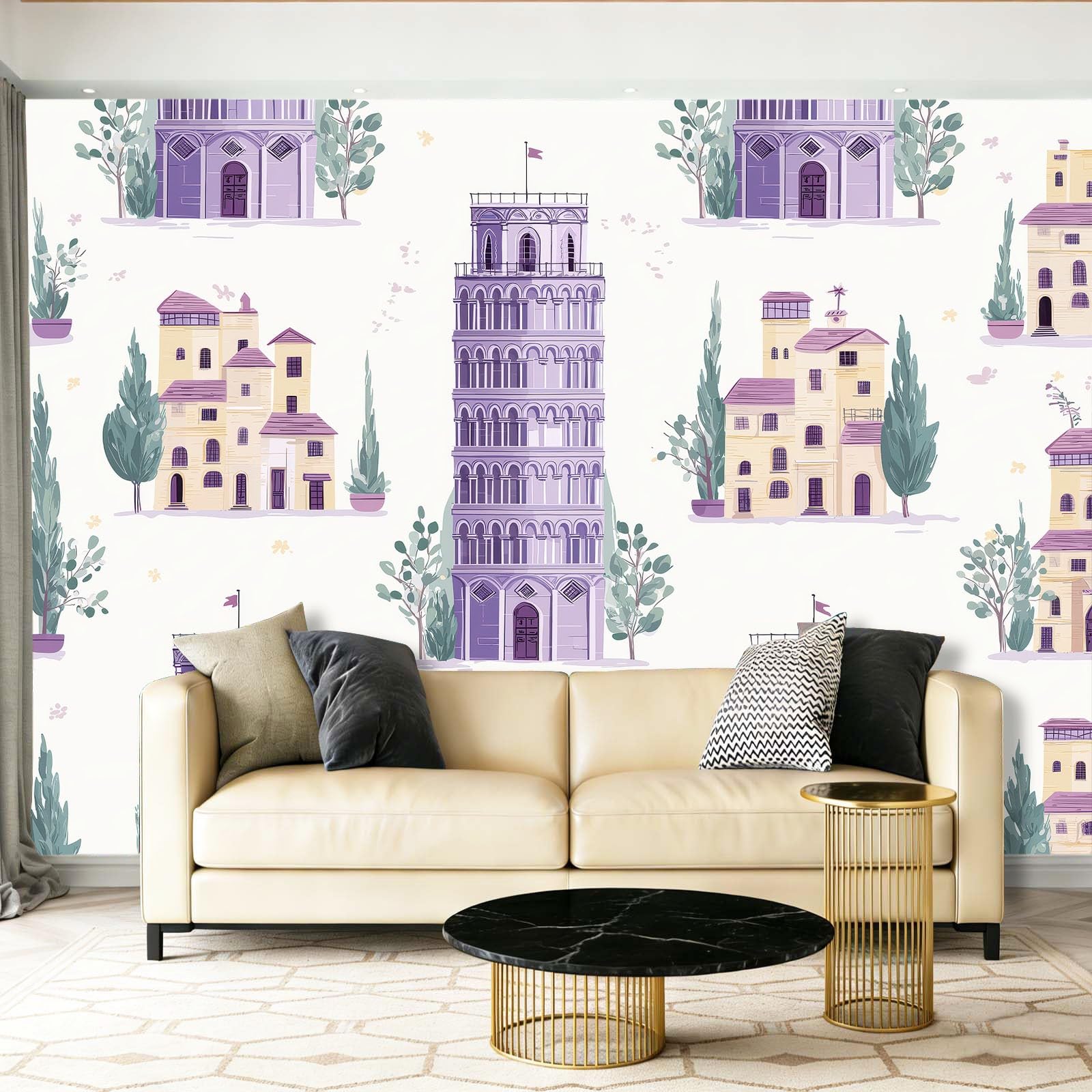 Fototapeta 350 x 256 cm ściany dekoracja salonu projekt akwarela budynki miejskie drzewo domy do sypialni salon tapeta z włókniny, fioletowy