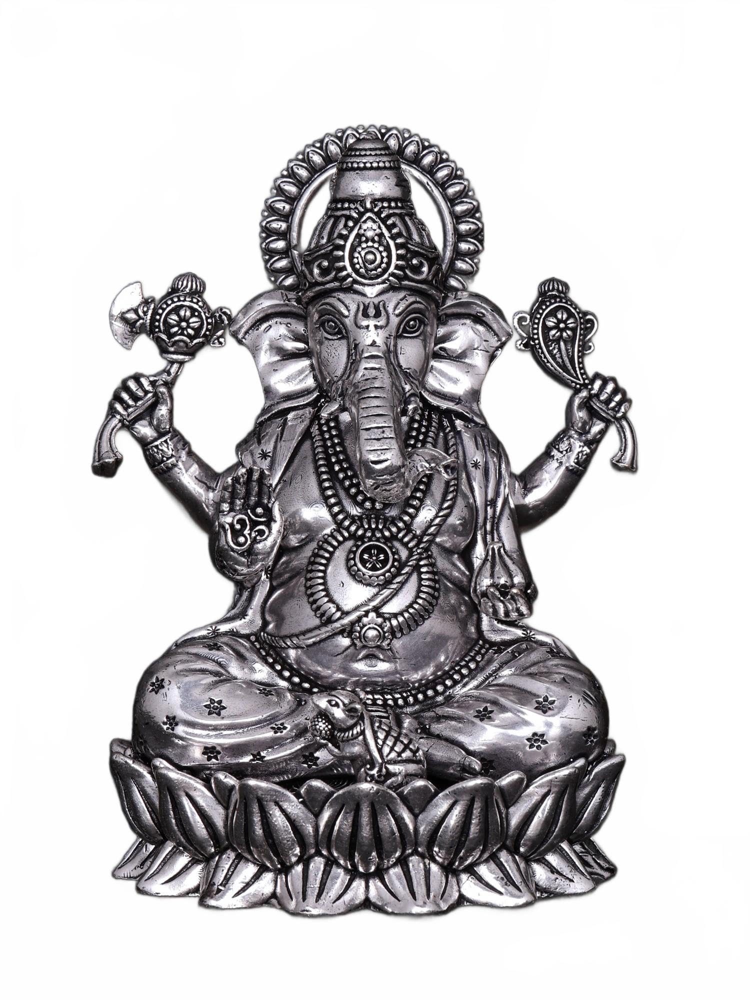 Exotic India Small Blessing Lord Ganesha Seated on Lotus Silver Plated Brass Statue Hindu Ganapati Idol for Home Décor in Multiple Sizes