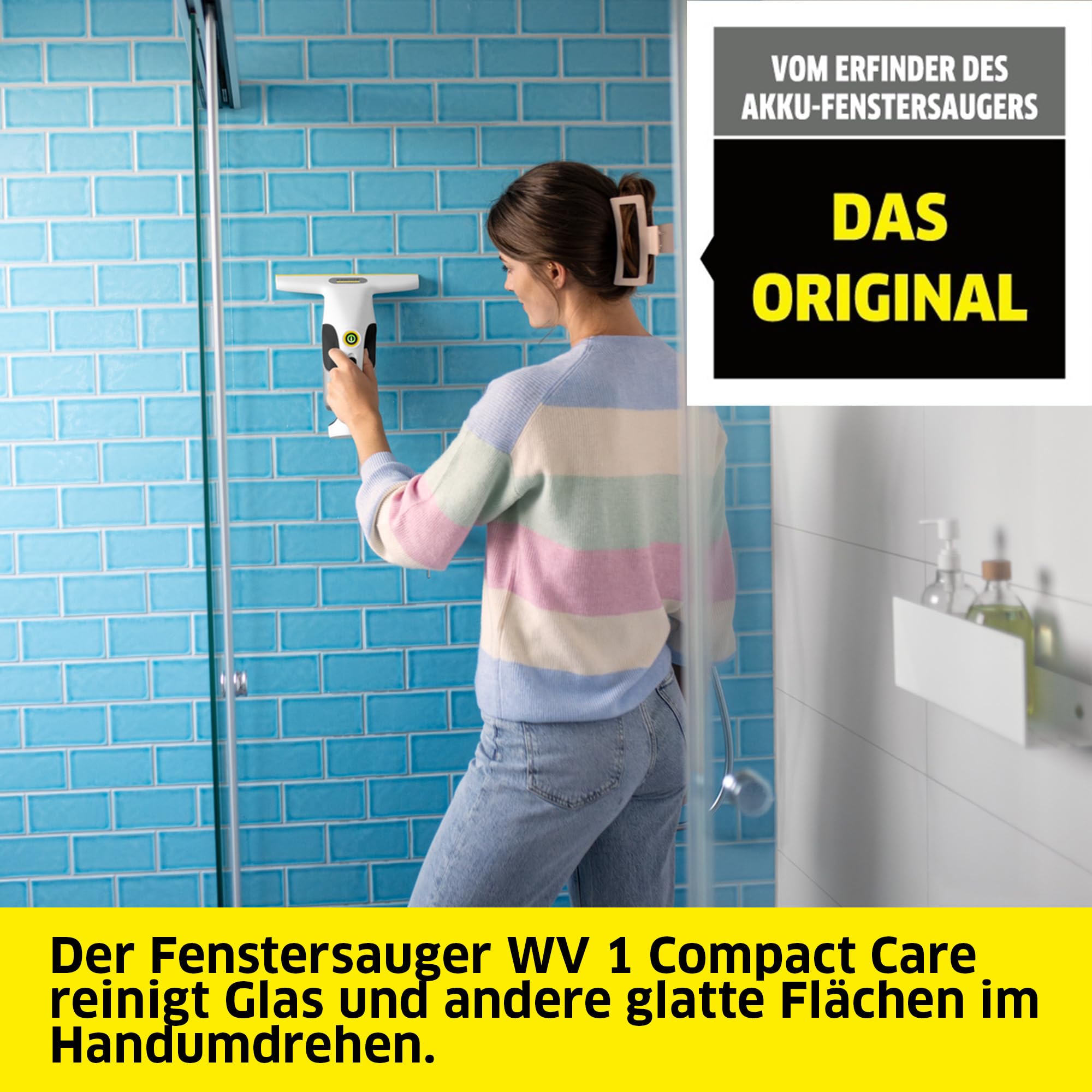 Kärcher Akku-Fenstersauger WV 1 Compact Care, Akkulaufzeit: 25 min., Schmutzwassertank: 100 ml, Gewicht: 0,5 kg, Sprühflasche mit Mikrofaser-Wischbezug, 20 ml Fensterreiniger, USB-C-Port
