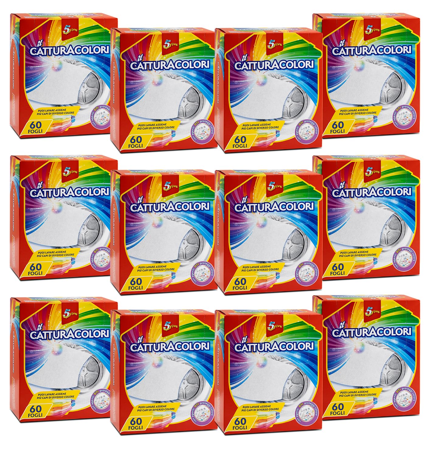 SUPERFIVE, Il Catturacolori, Fogli Cattura Colori per Lavatrice, Speciale Micro Trama Assorbi Colore (60 pezzi x 12 pack)