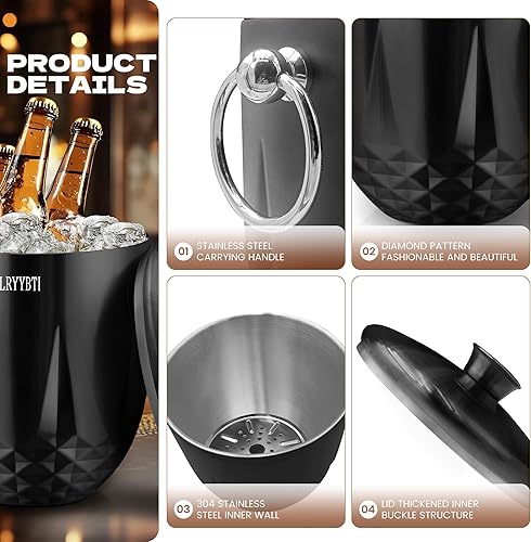 Miniatura 5 de Cubos de hielo de 3L para fiestas y bar de cócteles con tapa de acero inoxidable, pinzas y colador (negro) Cubo de hielo de metal aislado de doble