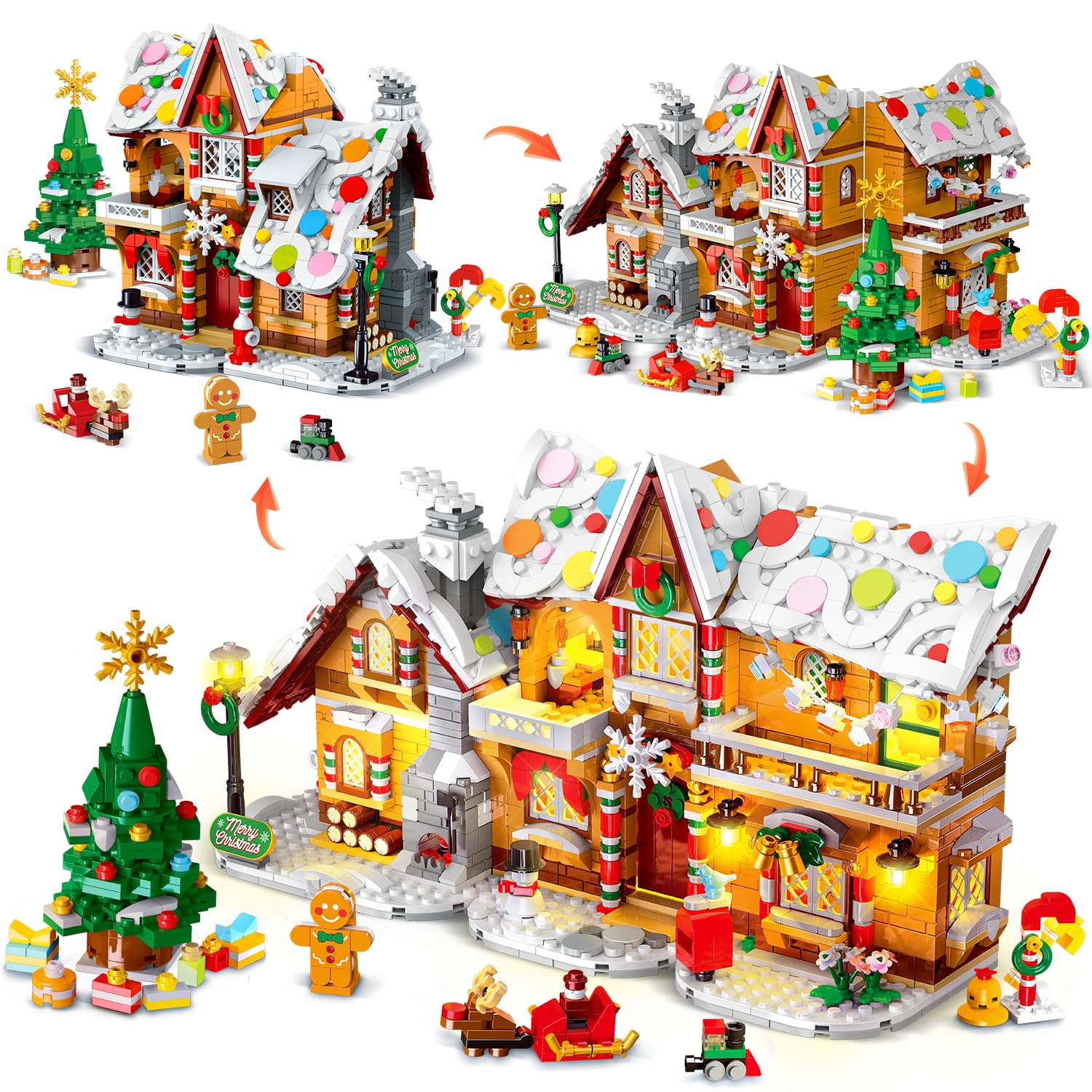 2025 Christmas 3 Style Gingerbread House Building Set with Light - 1421PCS Christmas Castle Village Building Block Toy with Santa Claus Xmas Tree Train for Adults Kids Girls Boys Ages 8+