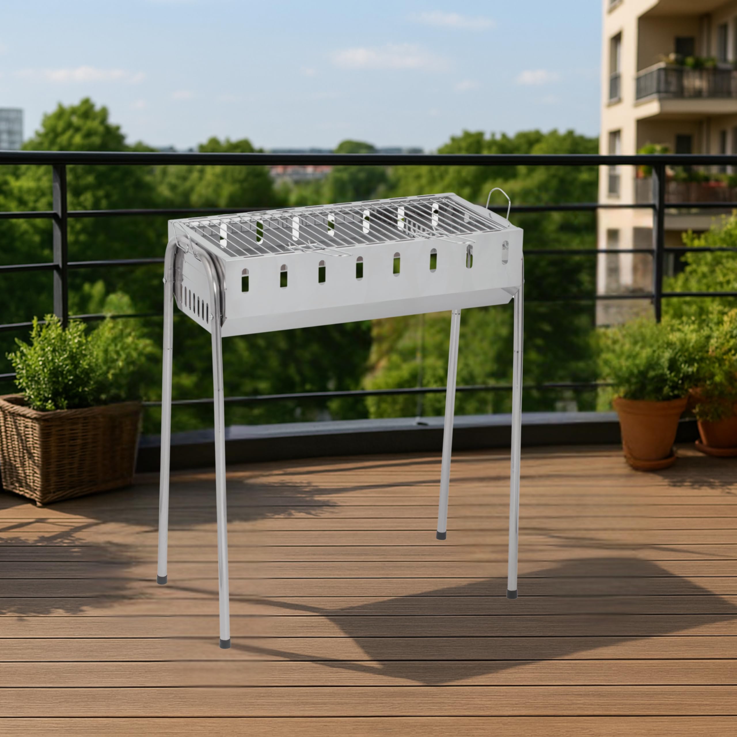 SG 300 - Schaschlik Grill Edelstahl Mangal Holzkohlegrill | kompakt mit abnehmbaren Beinen, inkl. 8 Spieße, 56x26 cm Grillfläche, mobil für Garten, Balkon & Camping