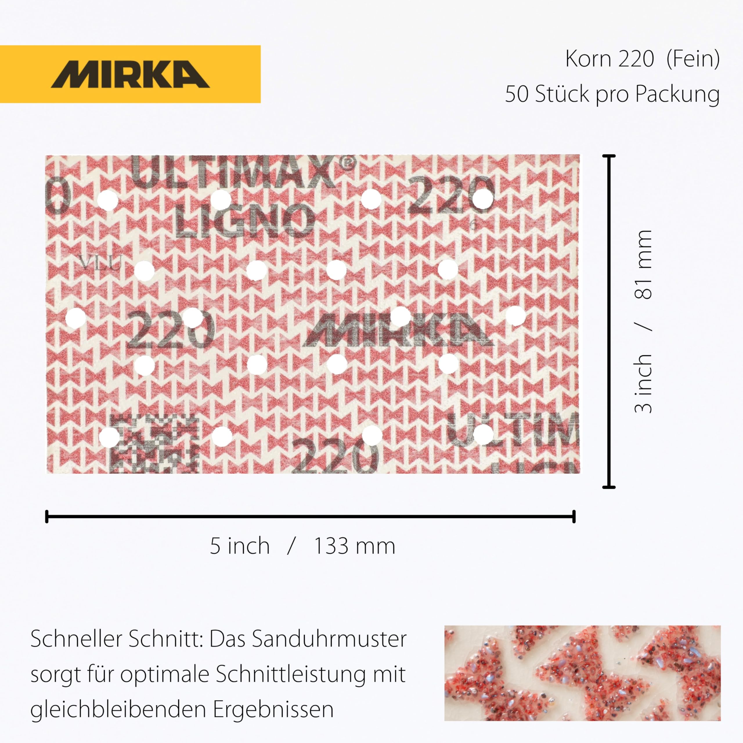 Mirka Ultimax Ligno sanding sheets 81x133mm, grain P220, compatible with random orbital sanders, hook and loop - Image 2