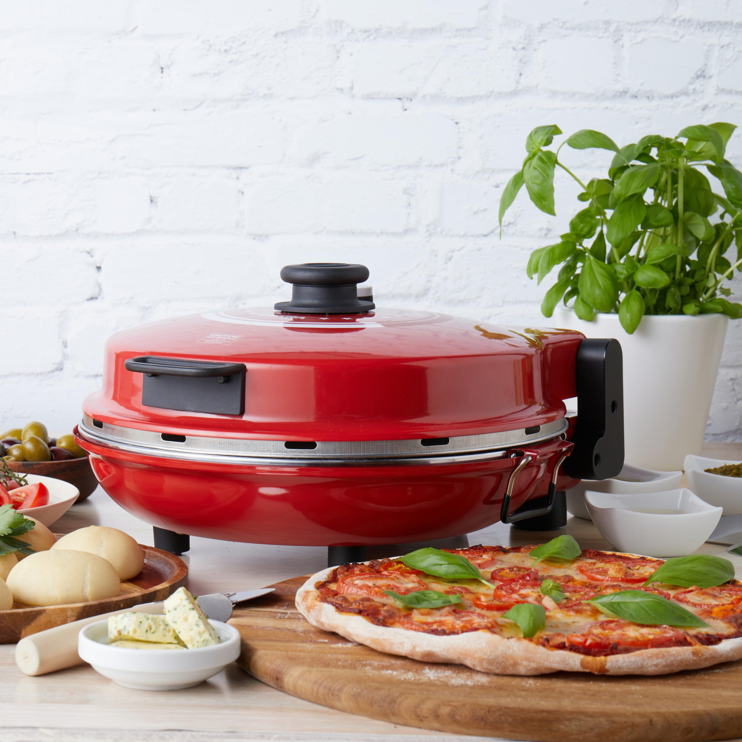 Petra PT5666VDE Horno eléctrico para pizza - interior, 1200 W, 5 niveles de temperatura, precalentamiento rápido, pizzas de 12 pulgadas en 5 minutos, piedra para pizza extraíble, cortador y 2 paletas