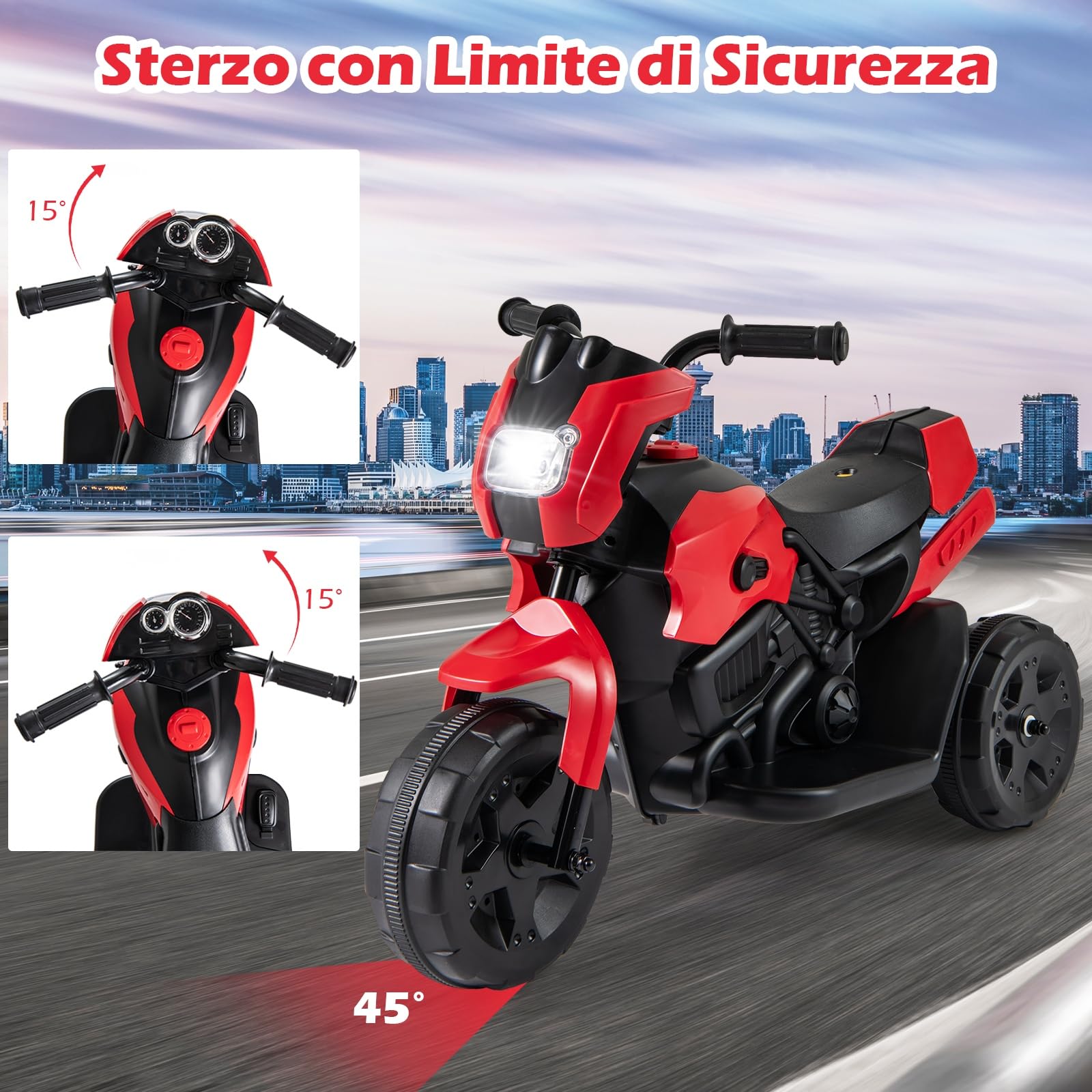 COSTWAY 6V Moto Elettrica per Bambini, Moto a 3 Ruote con Fari LED, Pedale a Piedi, Veicolo Elettrico a Batteria per Bambini 37-72 Mesi (Rosso)
