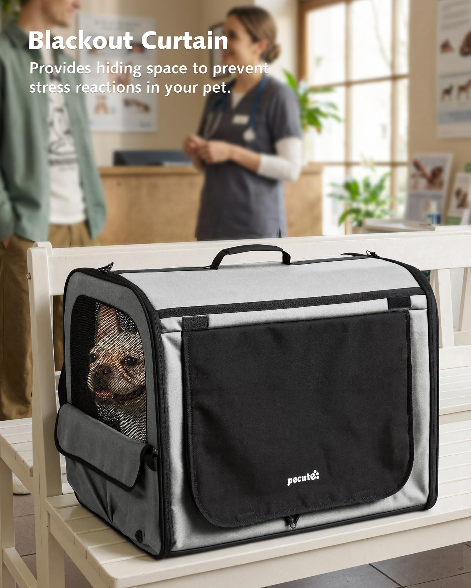 Pecute Trasportino Cani Stabile Leggero, per viaggi e auto, Portatile Con Finestre Traspiranti, Pieghevole Per Animali Domestici, Uso Interno Esterno, 61×45×52 cm, Grigio