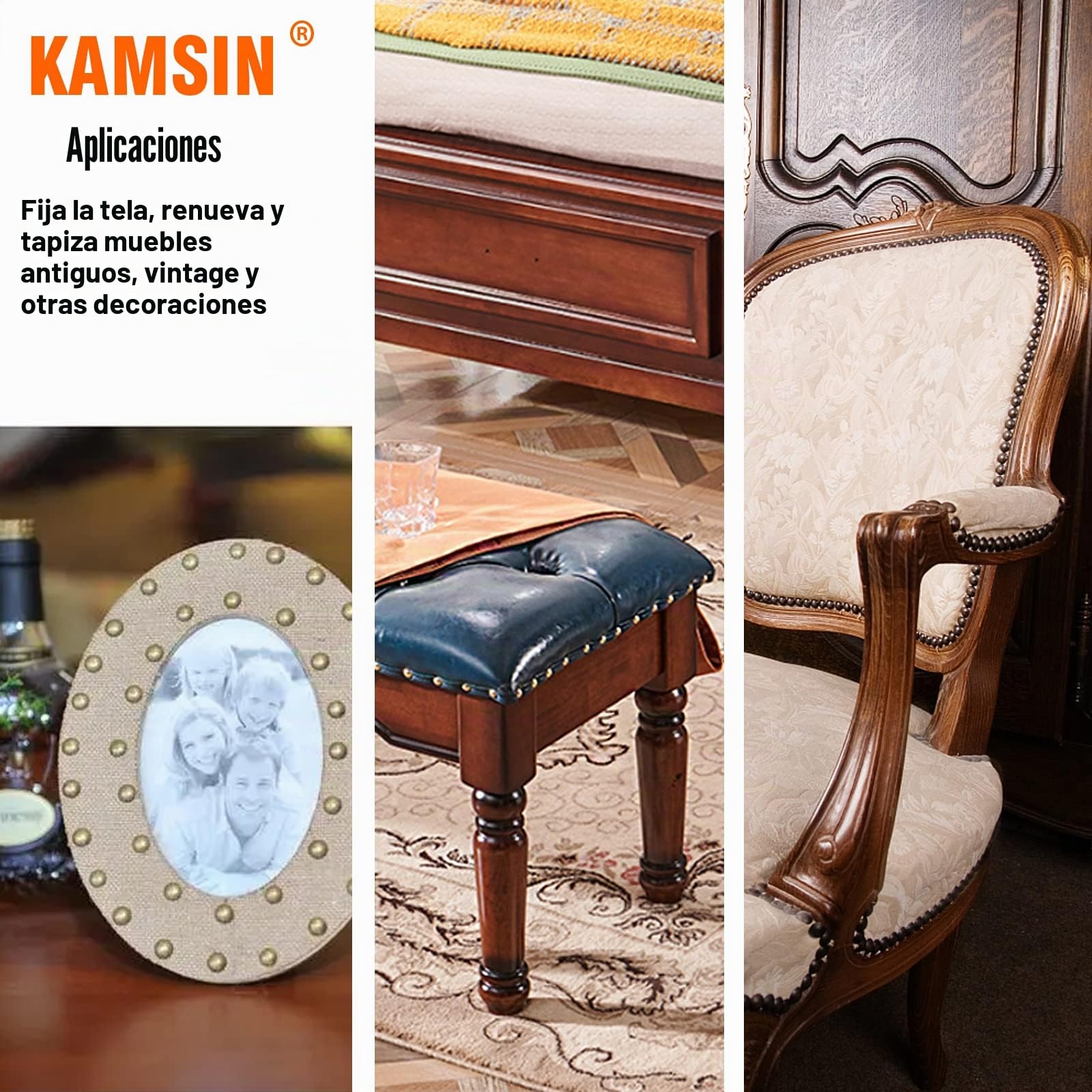 Kamsin 1170 Clavadora Neumática Decorativa con Tabla de Carga y Manguito por Defecto, Manguitos Reemplazables para Alfileres de Tapicería Tachuelas de Diferentes Tamaños, Clavadora Deco