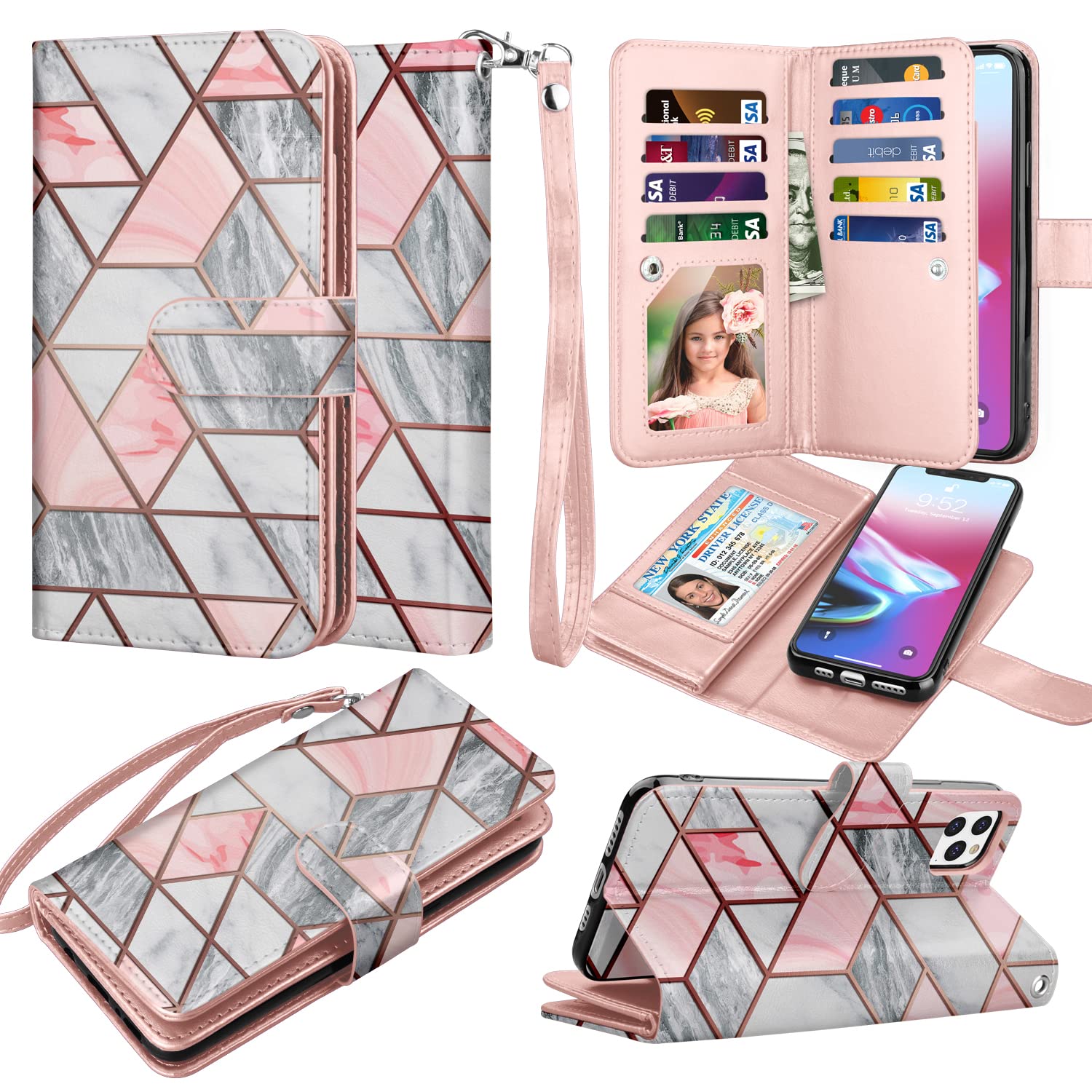 TakfoxWallet Case for iPhone 11, iPhone 11 6.1 Leather Wallet Case with ID Credit Card Holder Slots Folio Flip Kickstand Detachable Magnetic Phone Case & Carrying Wrist Strap for iPhone 11-Marble