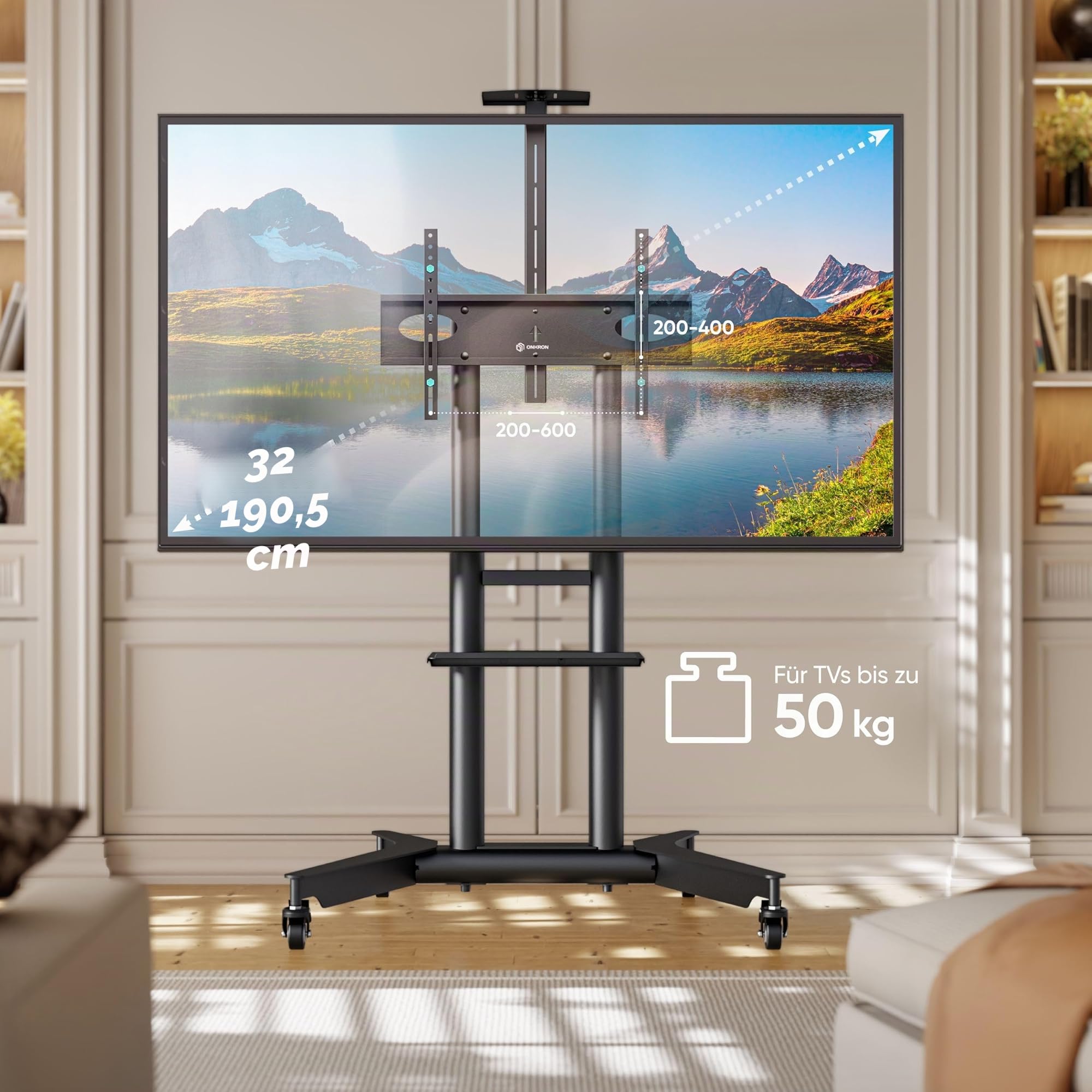 ONKRON TV Ständer rollbar für 32-75 Zoll Fernseher, max Last 60 kg, professioneller TV Standfuss höhenverstellbar mit Ablage, max VESA 600x400, Wagen Fernsehständer mit Rollen Schwarz TS1571-B
