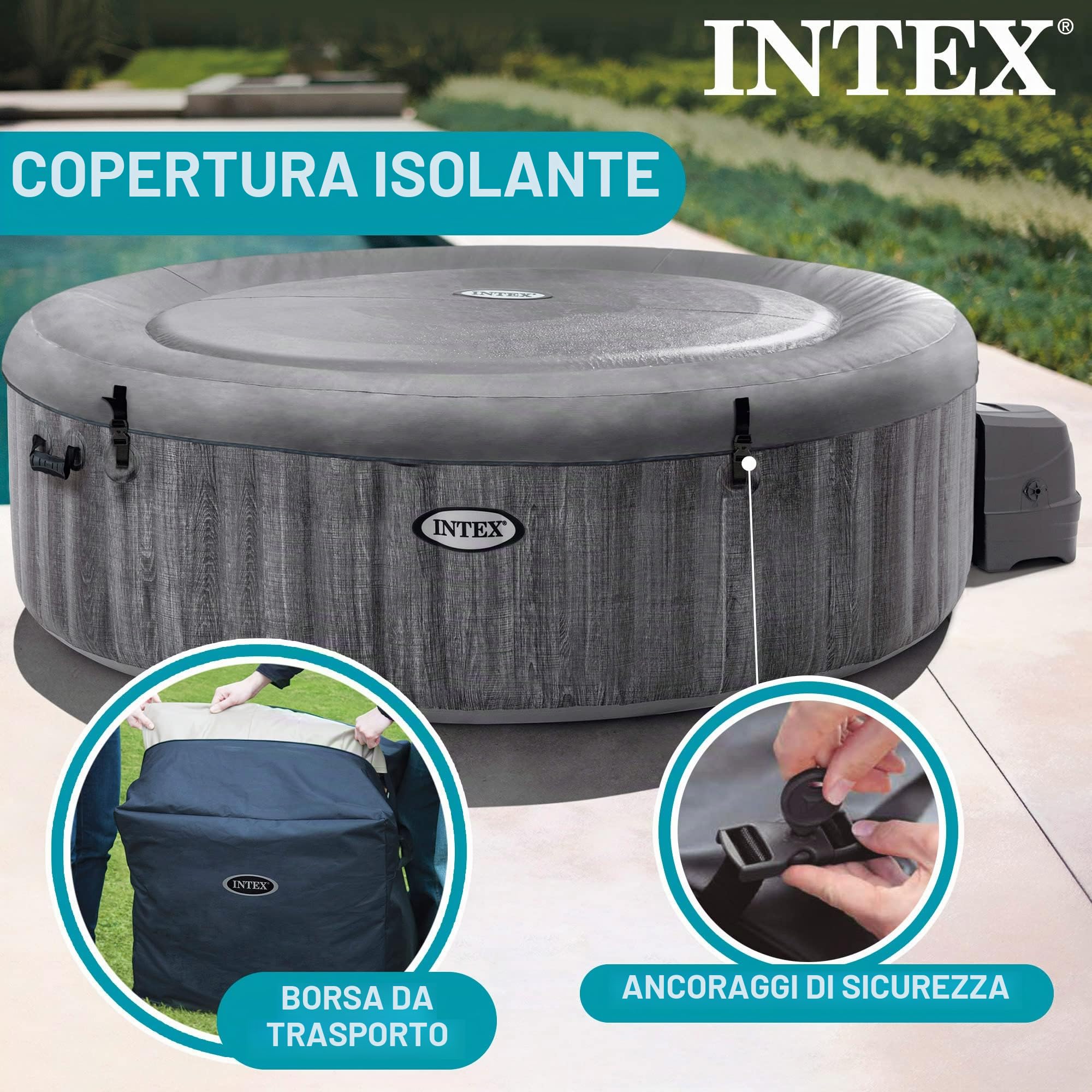 Intex 28442EX - PureSpa Vasca Idromassaggio Gonfiabile Greywood Deluxe, 6 posti, 170 Getti, Riscaldatore, PVC, Grigio, 216x71 cm