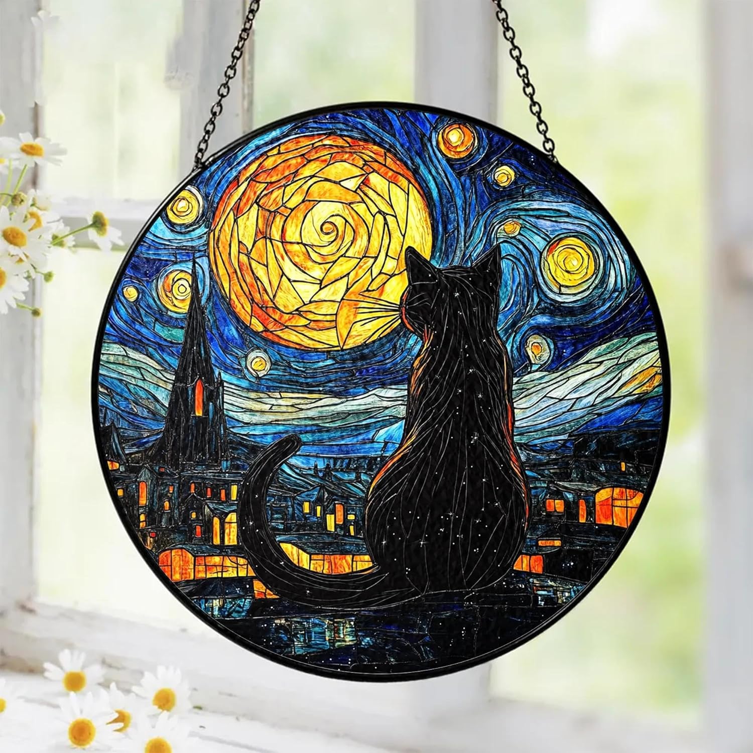 Black Cat Stained Glass Suncatcher Window Hanging Decor for Garden, Suncatcher Panel Ornament Decorations, Memorial Gifts for Cat Lovers, Women Pet Loss Sympathy Gift for Window Living Room Garden