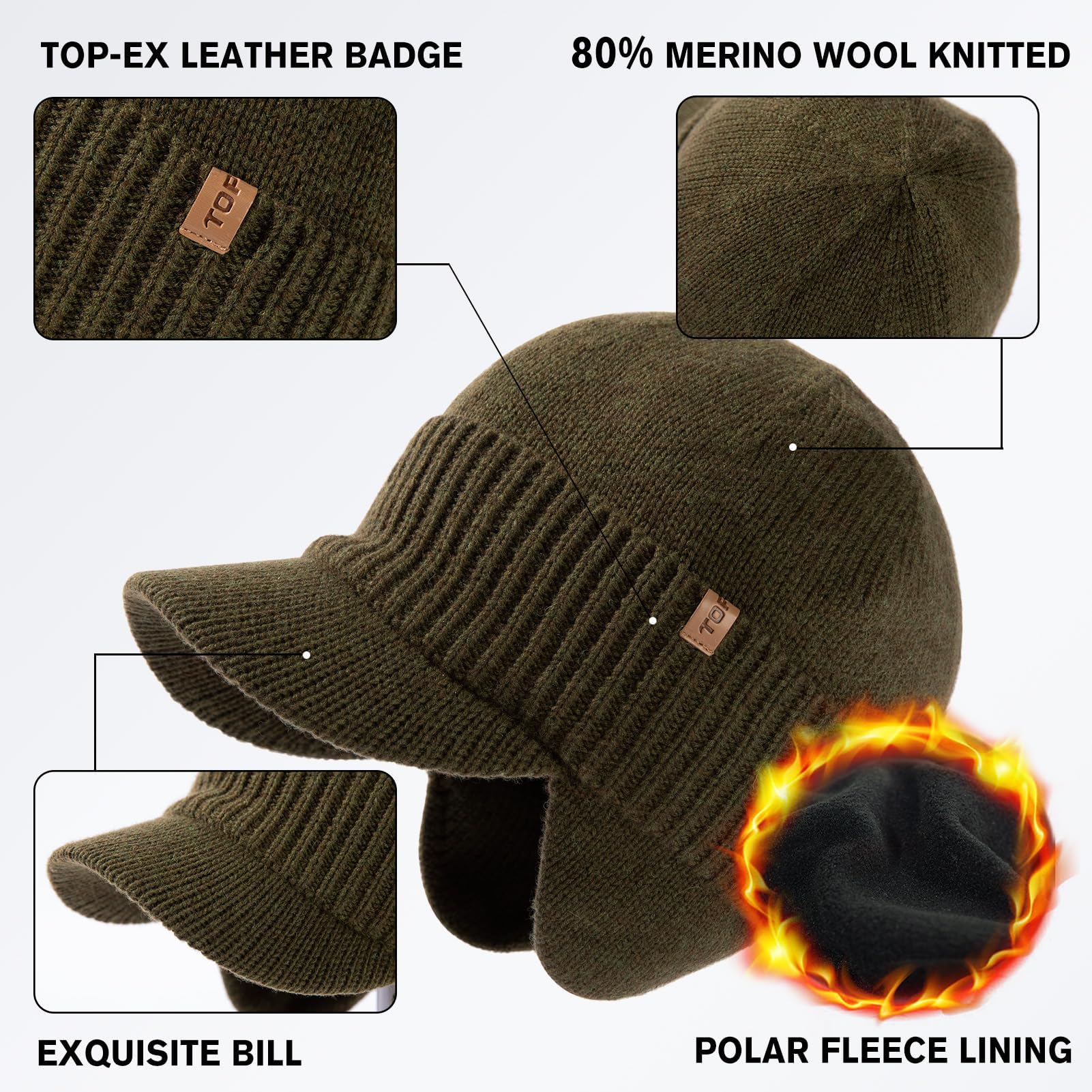 TOP-EX DryKnit - Gorro impermeable de 80 % lana merino, con orejeras, forro polar cálido para invierno, para clima frío, estilo unisex, 55-66 cm, Verde #impermeable, M-L