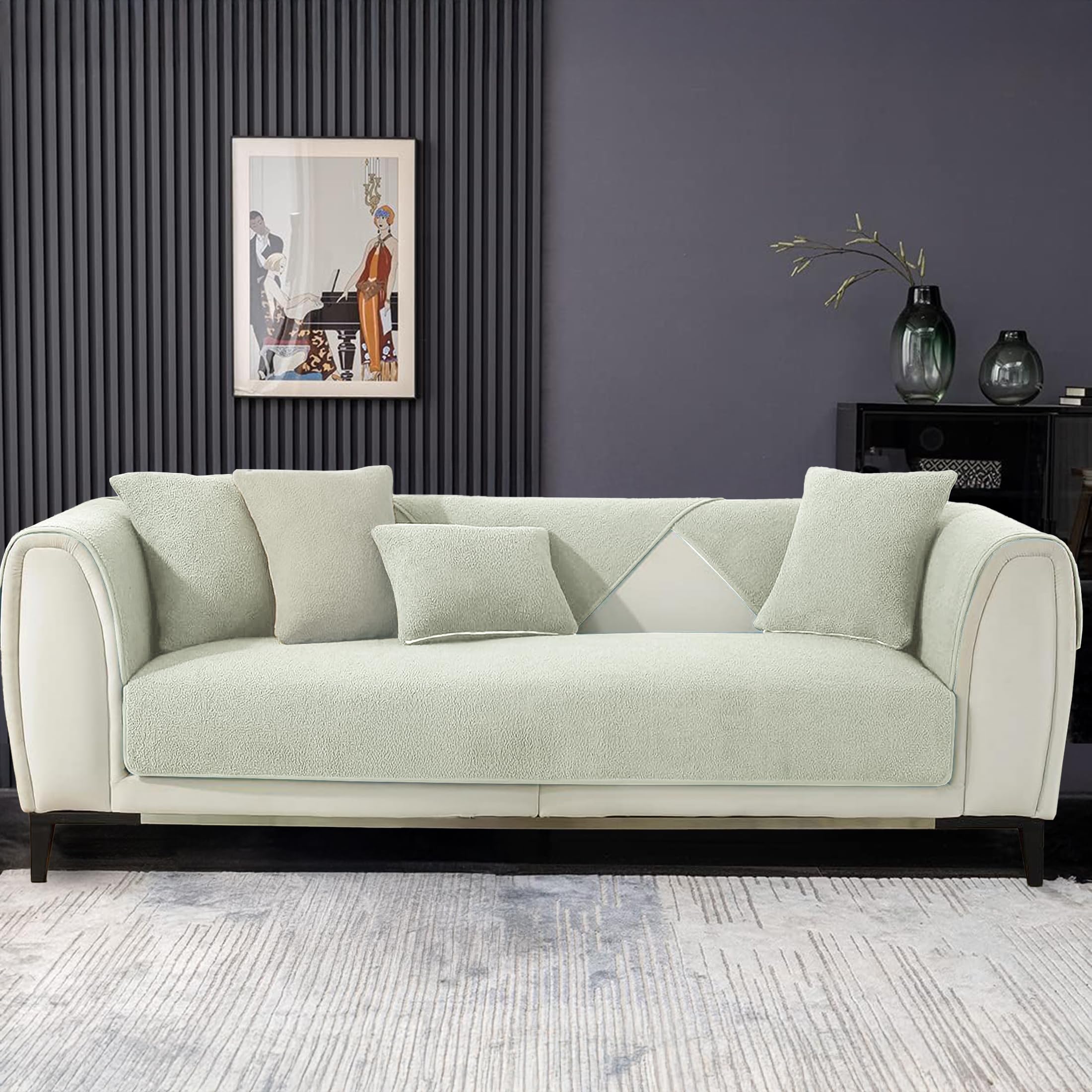 Cortina Premium Style Anti Slip 3 Seater Sofa Cover Set | Microfiber Sofa Slipcover |3 Back Cover + 1 Seat Cover + 2 Handle Cover - Cream-image-6