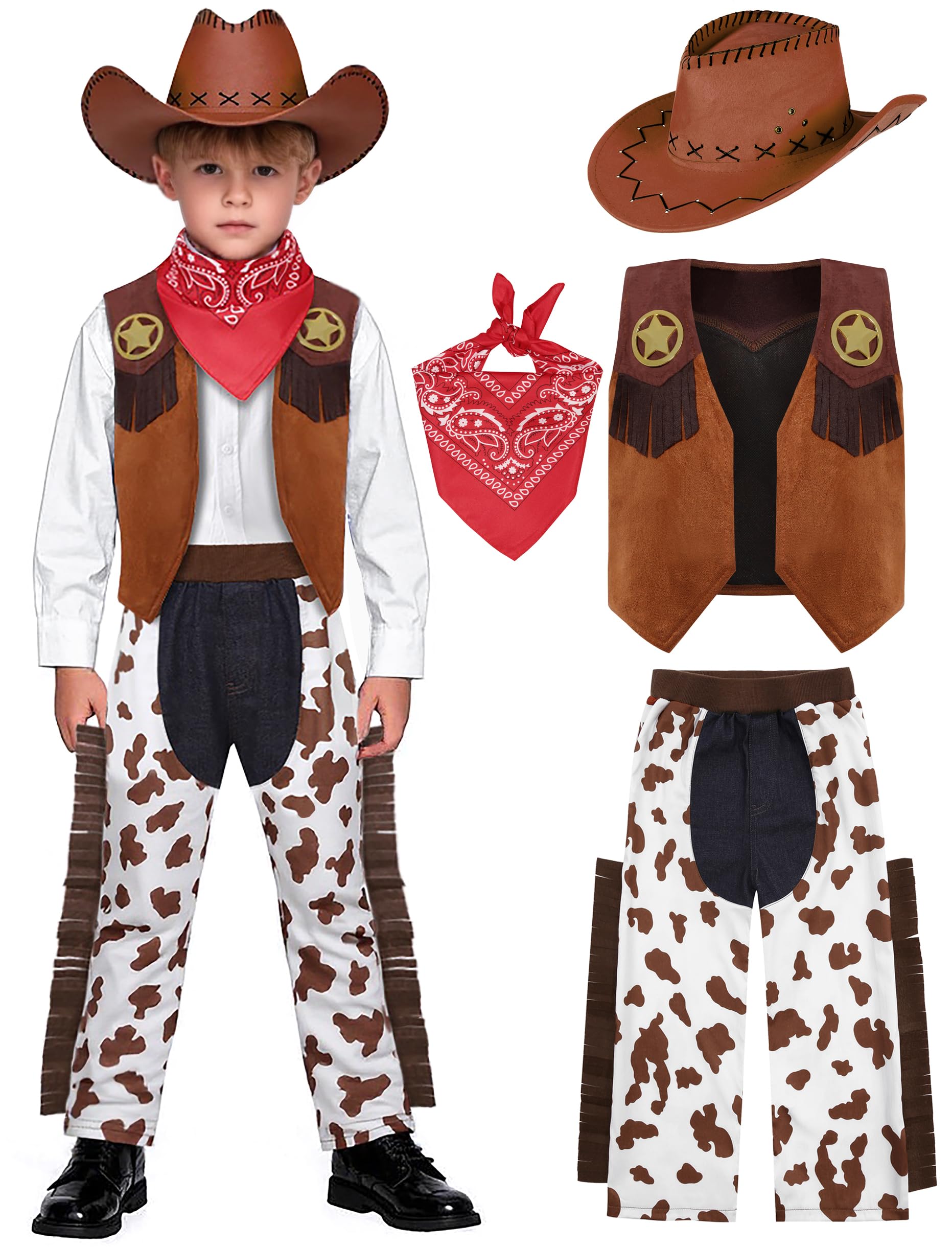 Sicypoty Kids Cowboy Costume Boys Girls Brown Western Costume Outfit for Halloween Cosplay