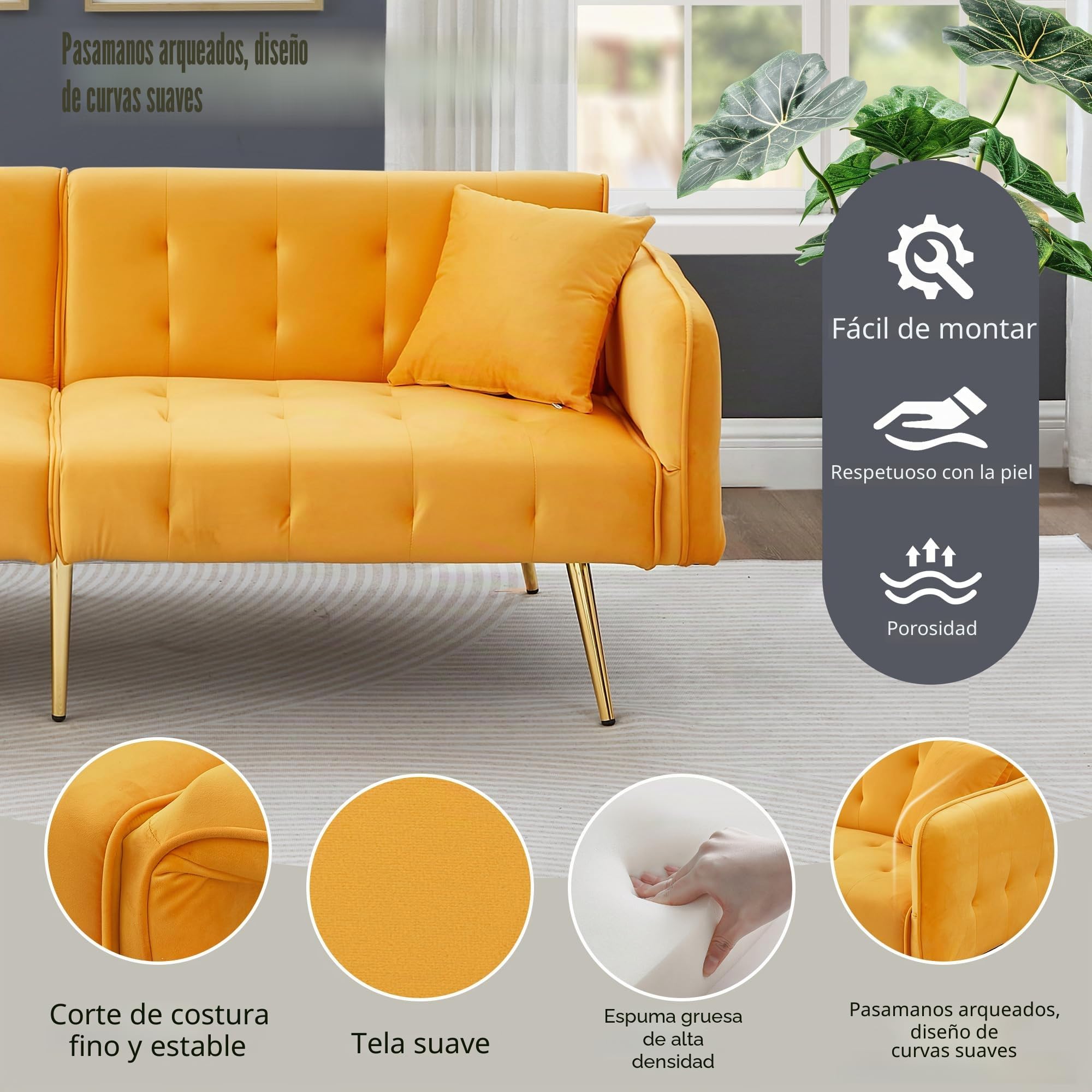 Lubvtti Sofá cama de 2 plazas multifuncional con respaldo ajustable y reposabrazos multiposición, sofá cama plegable para el salón, sofá de 2 plazas, terciopelo (A-Amarillo)