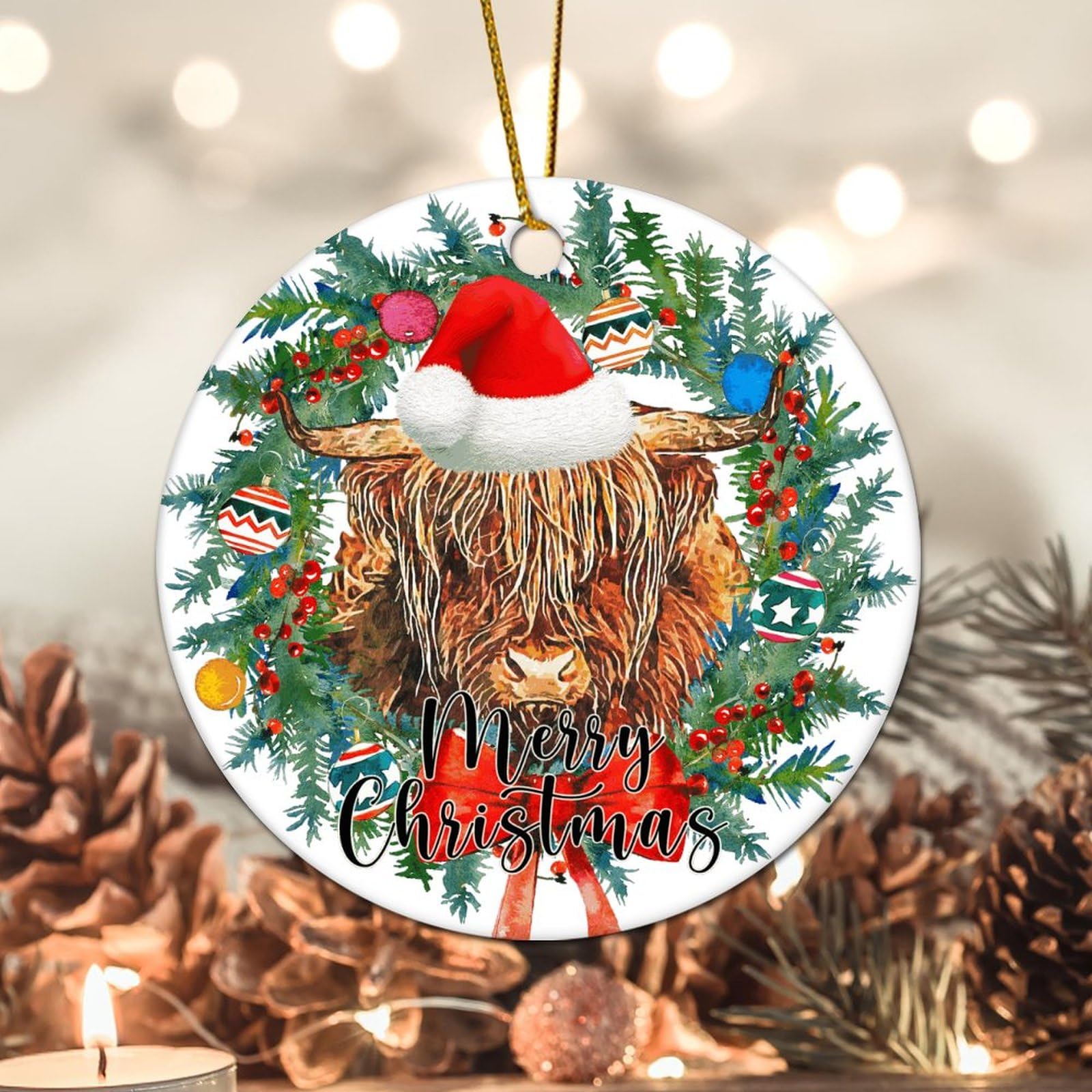 Evans1nism Christmas Porcelain Ornament Highland Cow Santa Hat Round Keepsake Red Floral Wreath Double-Sided Printing Cow Christmas Decor Housewarming Gifts Xmas Couple Home Lover 3.2 Inch