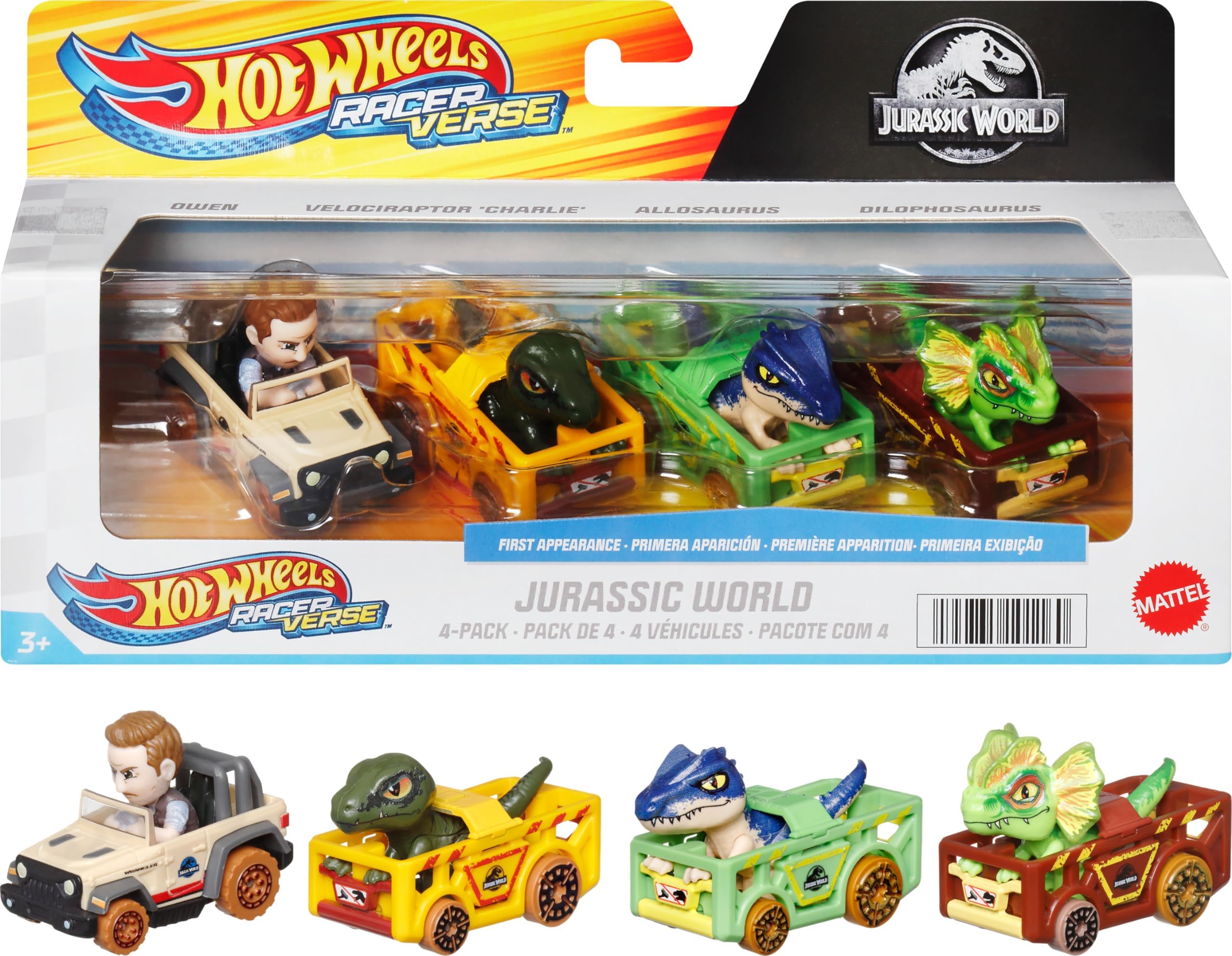Toy Cars, RacerVerse 4-Pack of Die-Cast Vehicles Featuring Jurassic World Characters Charlie, Owen, Dilophosaurus & Allosaurus as Drivers