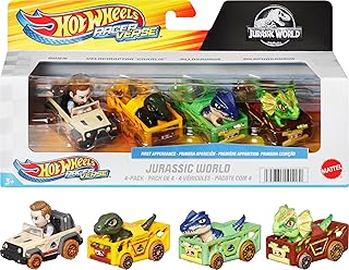 Toy Cars, RacerVerse 4-Pack of Die-Cast Vehicles Featuring Jurassic World Characters Charlie, Owen, Dilophosaurus & Allosaurus as Drivers