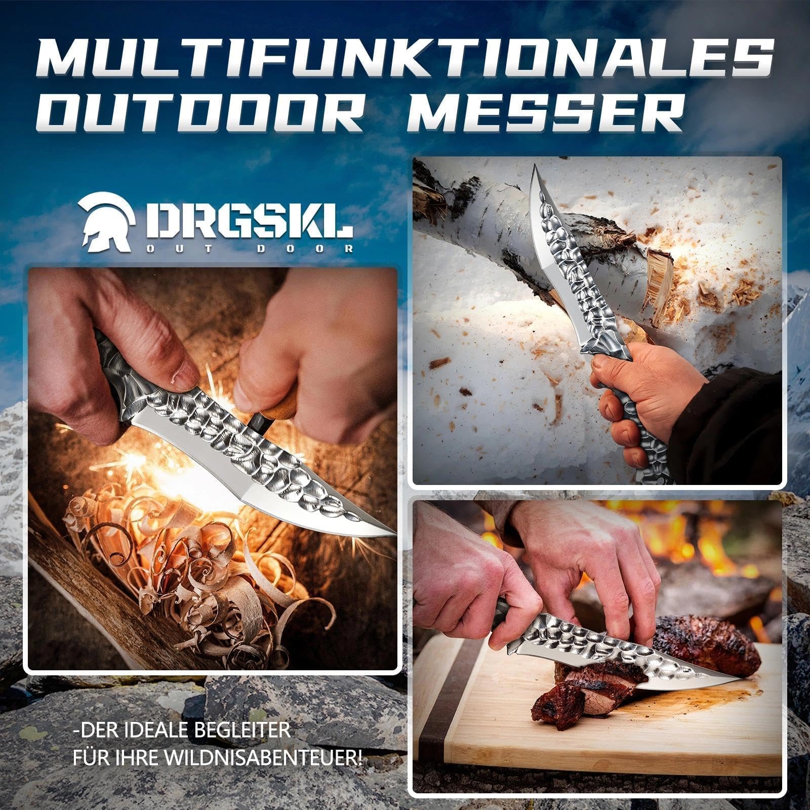 DRGSKL Survival Messer mit Lederscheide - Handgeschmiedet, VG10-Kern