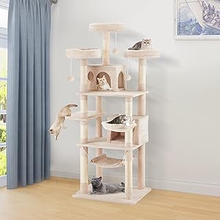 Hombanyan 67in Cat Tree Cat Tower for Indoor Cats Multi Level Cat Tree with Cradle, Hammock,Scratching Posts, Cat Activity Center for Large Cats-Beige