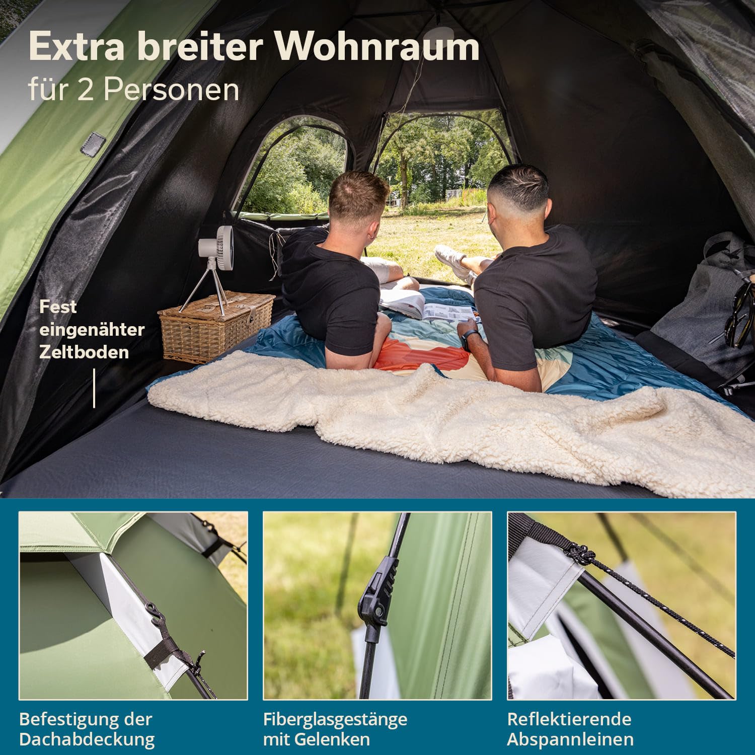 Skandika Namiot kopułowy Namsos 2 Sleeper Protect Quick Start | namiot dla 2 osób, szybki montaż w 1 minutę, czarna kabina sypialna, okno dachowe, słup wody 3000 mm, UPF 100+, kemping, festiwal, do