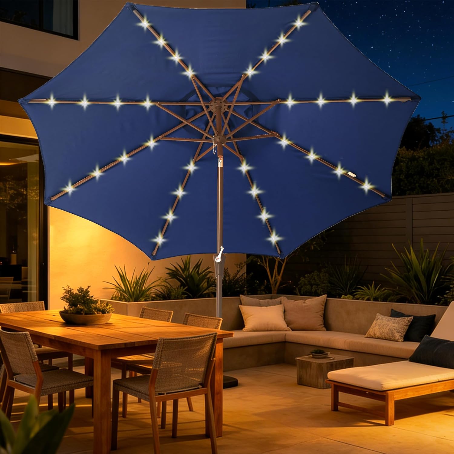 9FT Solar-Powered LED Patio Umbrella with Tilt Crank,Outdoor Market Umbrella with 32 Lights,Sunshade for Deck, Garden and Pool