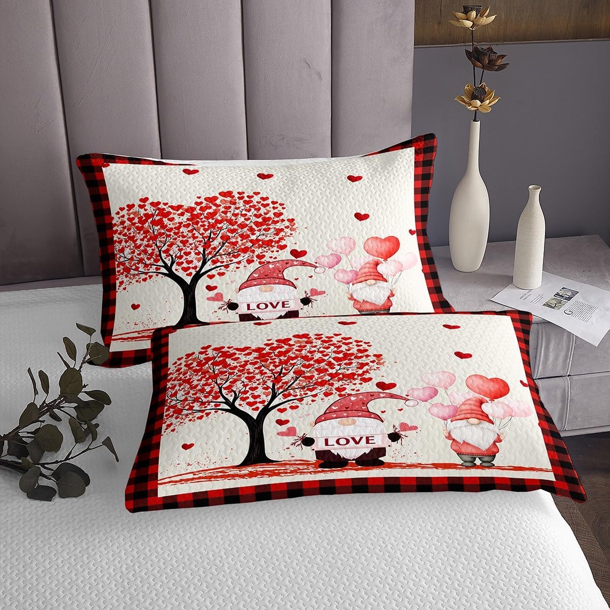 Erosebridal Romantic Bedspread Queen Size Valentines Day Quilt Set Cute Heart Tree Coverlet Set Black and Red Plaid Bedding Cute Valentines Gnome Bed Cover Rustic Farmhouse Anniversary Decor