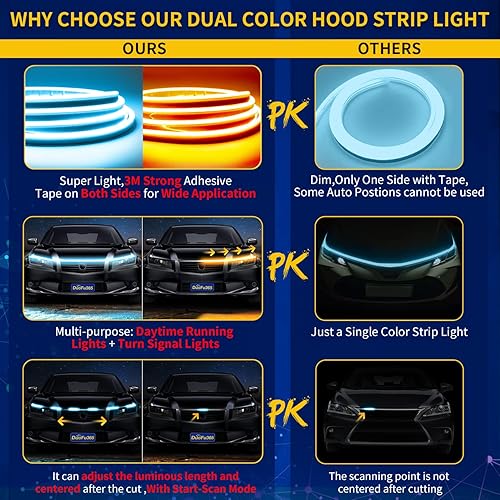 Miniatura 3 de Tira de luz LED para capó exterior del coche, kit de arranque de haz de luz con escaneo dinámico de doble color, luces de señal de giro secuenciales