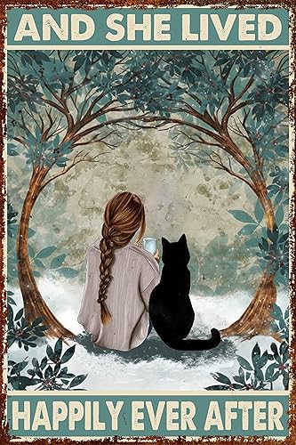 Letrero de metal con diseño de gato negro y ella vivió felices para siempre después de gatos, decoración de pared, 8 x 12 pulgadas