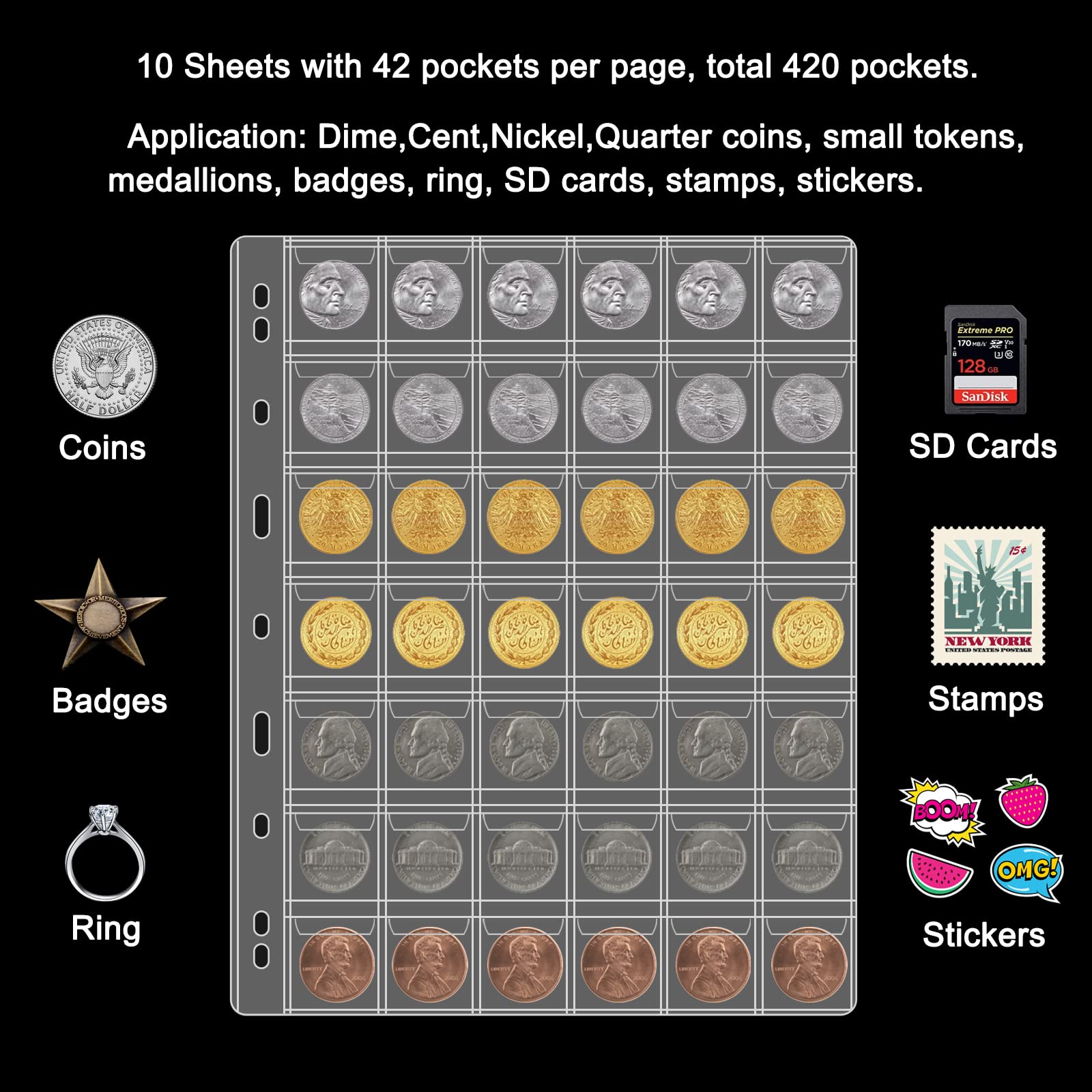 42 Pocket Coin Pages for Collectors, 10 Sheets Coins Sleeves Coin Holders Stamp Collector Supplies with Standard 9 Hole for Coin Binder, Coin Collection Supplies Pages for Pennies Quarters Stamps