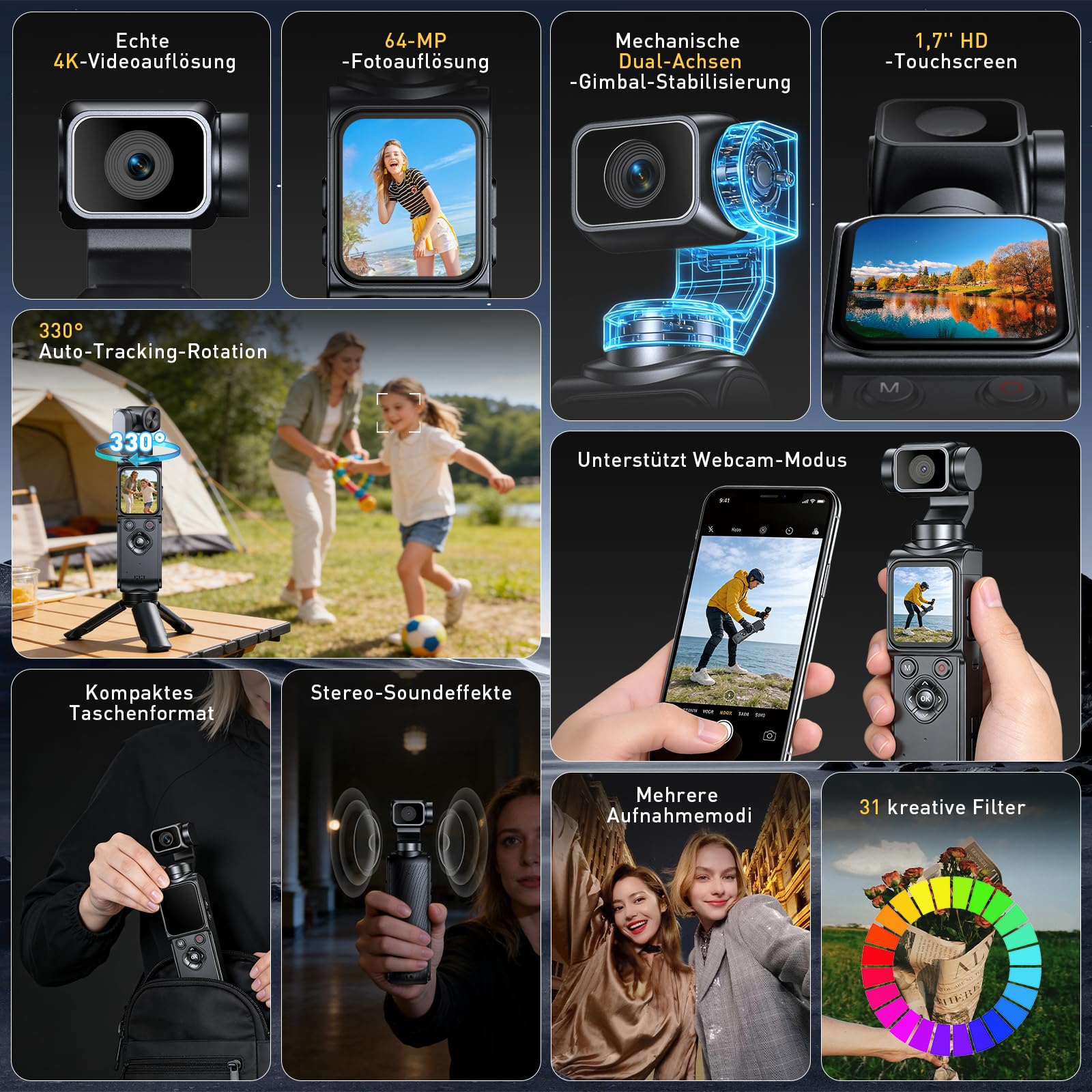 Action Kamera 4K, Vlog Kamera mit 1,72-Zoll-Touchscreen und 2-Achsen Stabilisierung, Digitalkamera mit 64GB Karte, AI Tracking & App Verbindung, Kompakte Video Kamera für Reisen Outdoor
