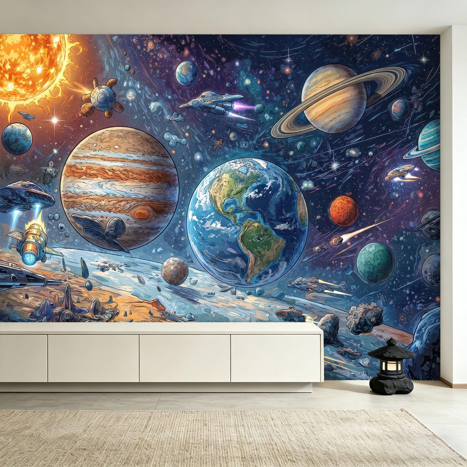 Kosmiczne gwiazdy tapeta statek kosmiczny - wszechświat kreskówka wzór fototapeta - murale ścienne do salonu, sypialni, pokoju dziecięcego i kuchni, fototapeta i dekoracja wnętrz, 250 x 175 cm (szer