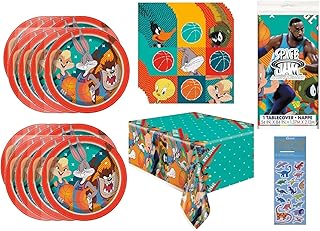 Space Jam Birthday Party Supplies Bundle Pack for 16 includes Dessert Cake Paper Plates, Napkins, Table Cover (Bundle for 16)