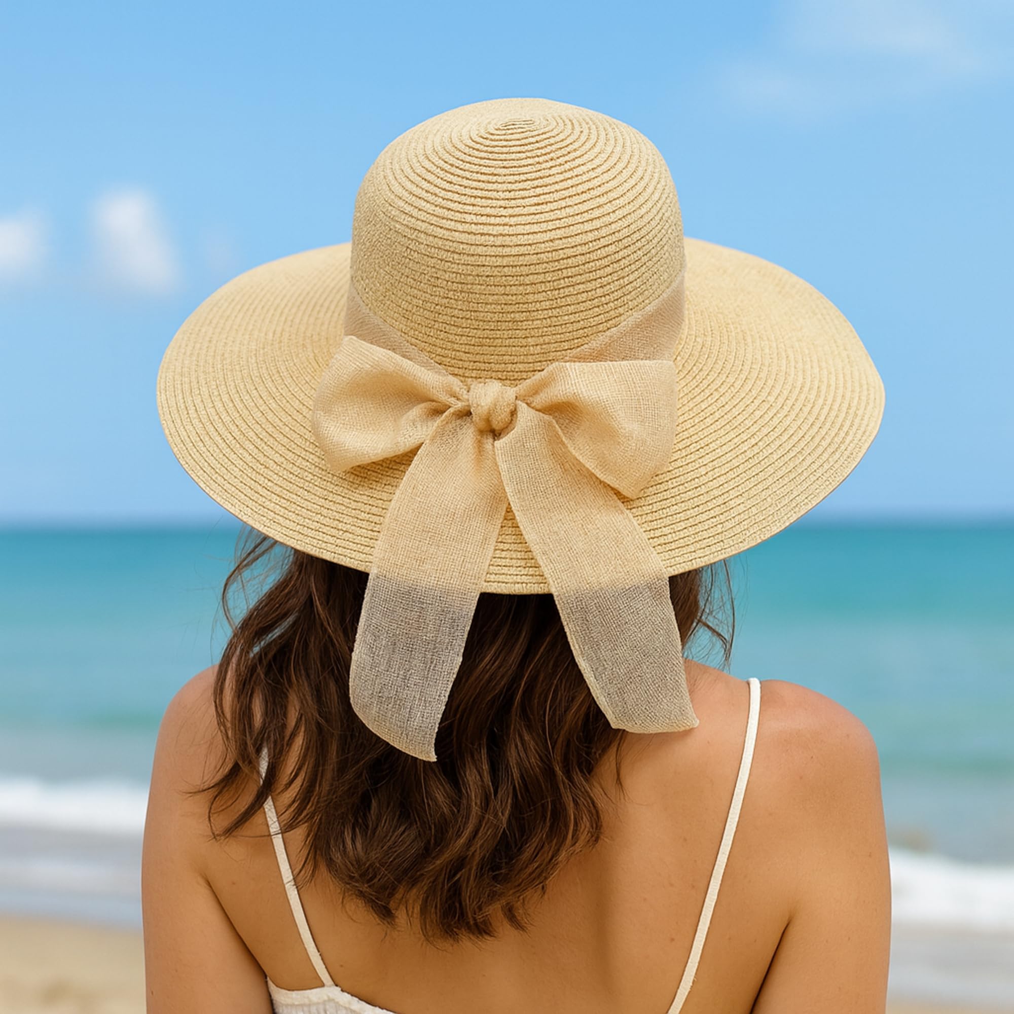 Cappello da Sole da Donna scanalatura in Paglia, Cappello Estivo con Fiocco, Cappello da Spiaggia, Cappello a Tesa Larga, Cappello floscio
