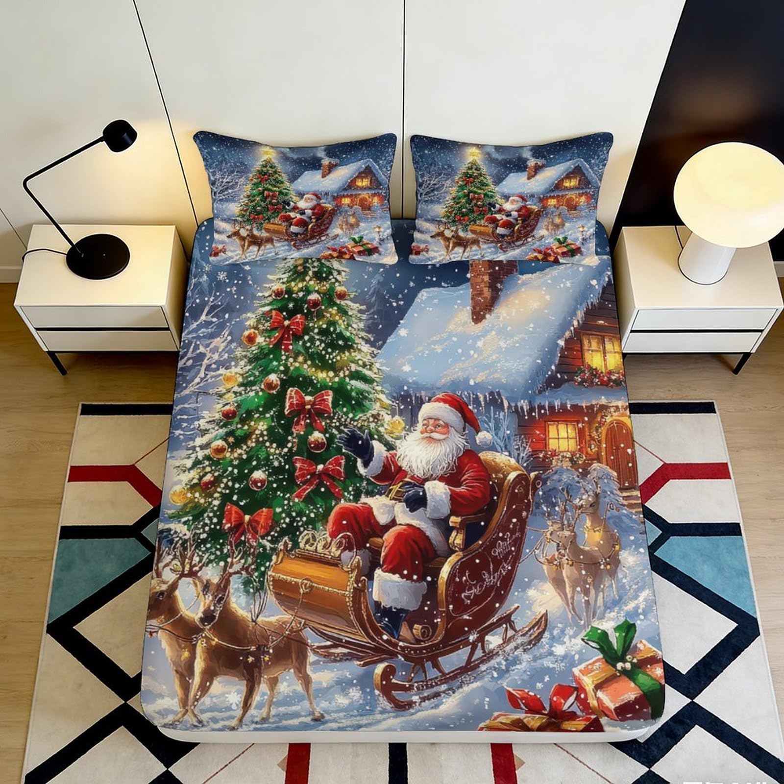 Jqzkxnhpbr Style-8 3D Printed Christmas Santa Fitted Sheet Microfiber Soft Sleigh Tree Bed Cover For Bedroom Guest Room Decor Protection 90X200x25cm