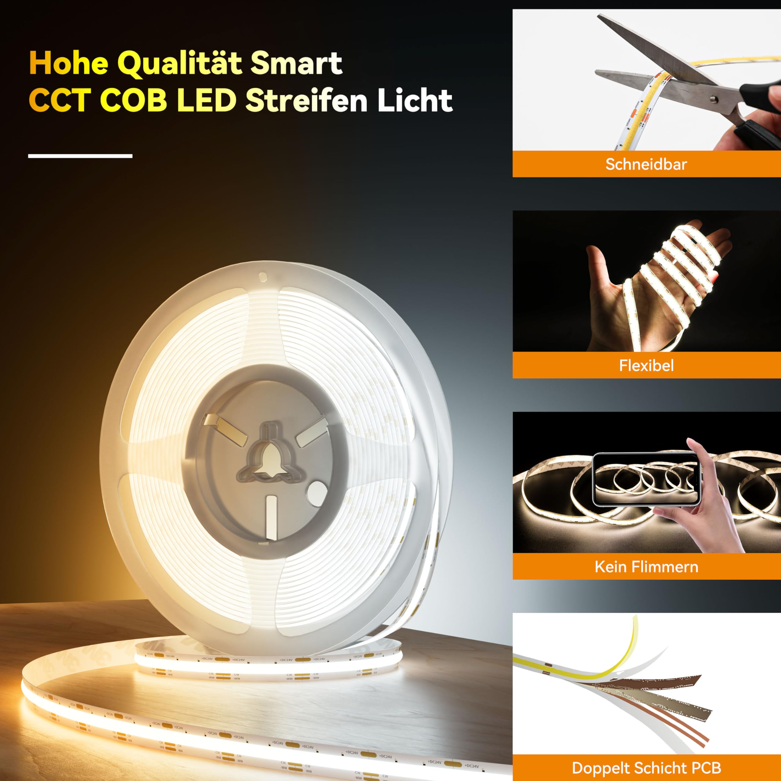 PAUTIX COB LED Streifen CCT LED Strip 10M,Abstimmbarer Weiß 2700K-6500K Smart LED Band Kit,Flexibles Dimmbar 24V LED Leiste Kompatibel mit Alexa/Google Assistent für DIY Zuhause Beleuchtung Decor