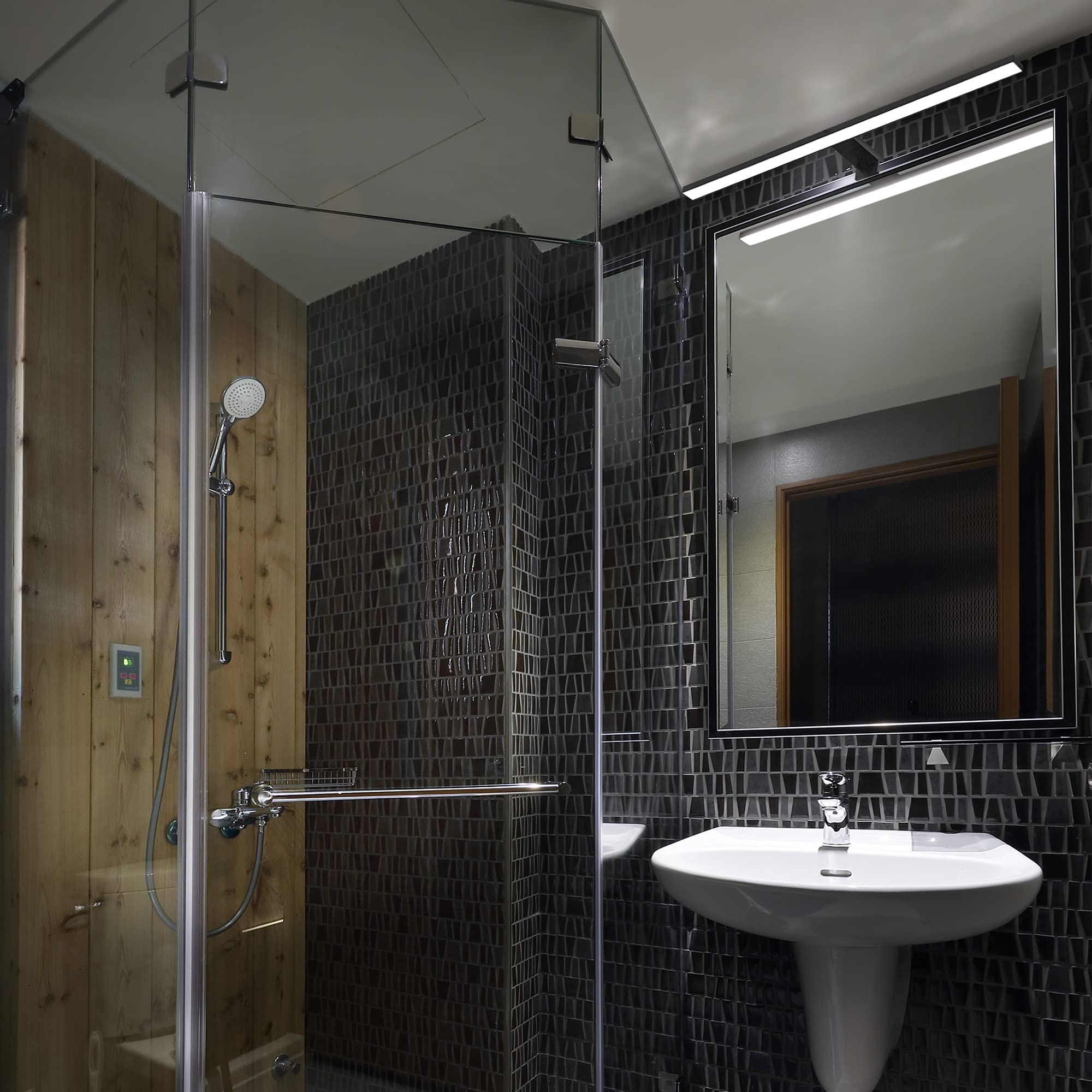 Maxkomfort LED Spiegelleuchte Bad 60cm Eckig Schwarz – 8W Neutralweiß 4000K – IP44 230V Aufbauleuchte – Badbeleuchtung & Schminklicht für Spiegelschrank & Wand