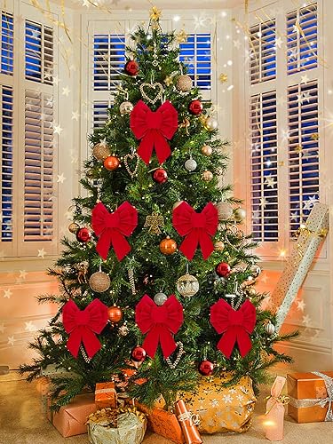 Miniatura 2 de 6 lazos de corona rojos de Navidad, 7.9 x 10.2 pulgadas, lazos rojos de terciopelo, atados a mano, fáciles de colgar para adornos de árbol de