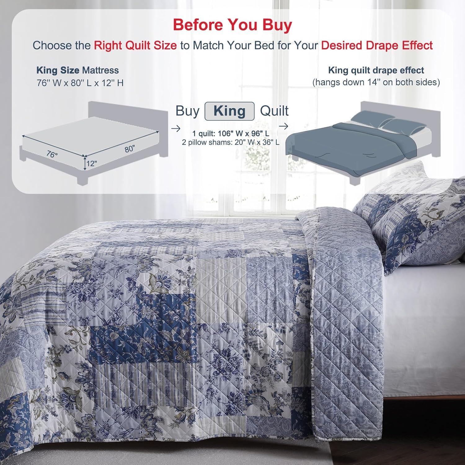 GOONE XL King Quilt Set 106x96 Inches, Blue Floral Boho Bedspread Farmhouse Bedding Set, Lightweight Coverlet Set, Reversible Bed Cover, Quilt King Size with 2 Pillow Shams All-Season - Image 2