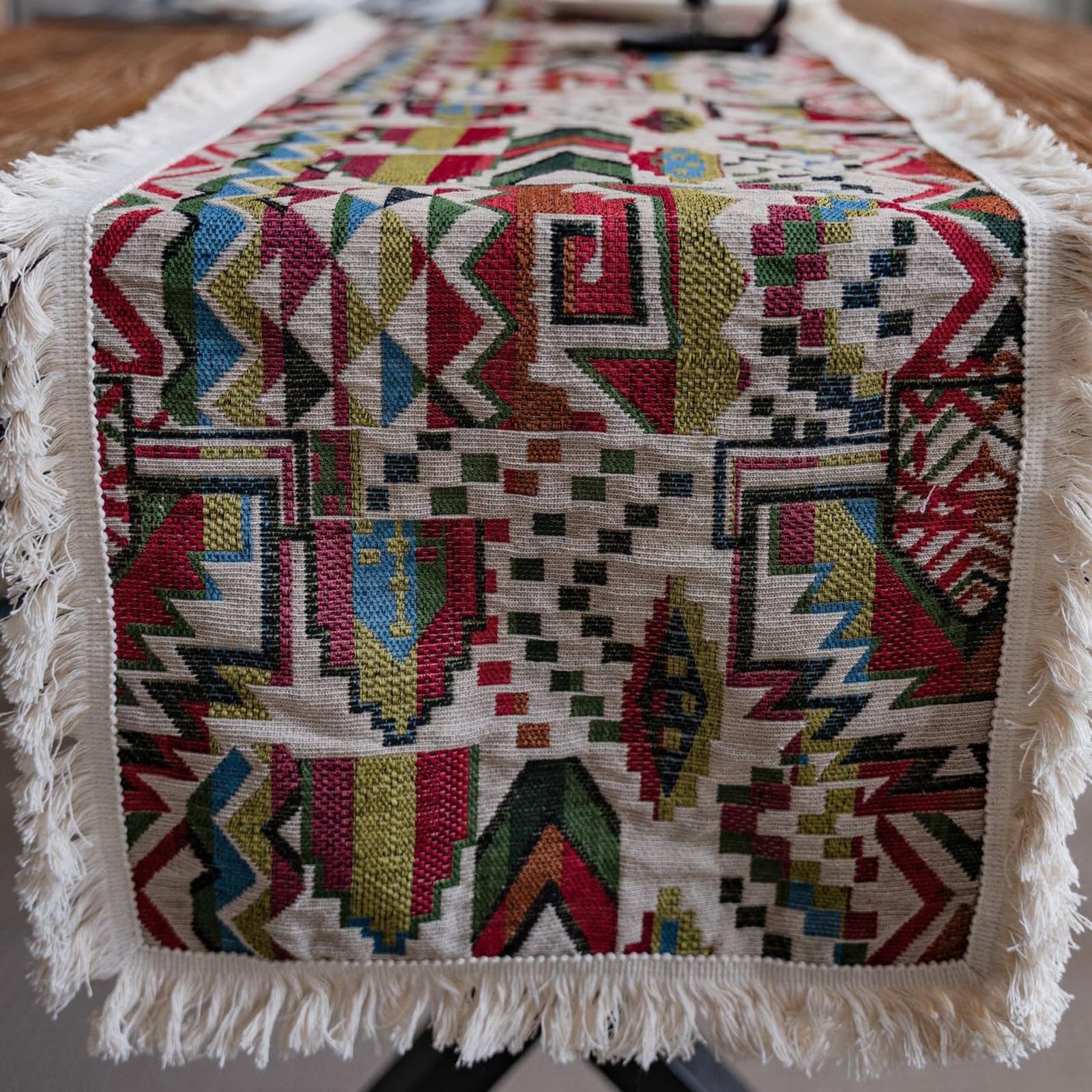 Tischläufer Baumwollleinen Modern, Tischläufer Hochzeit 30x240 cm, Jacquard mit Geometrische Muster und Quasten