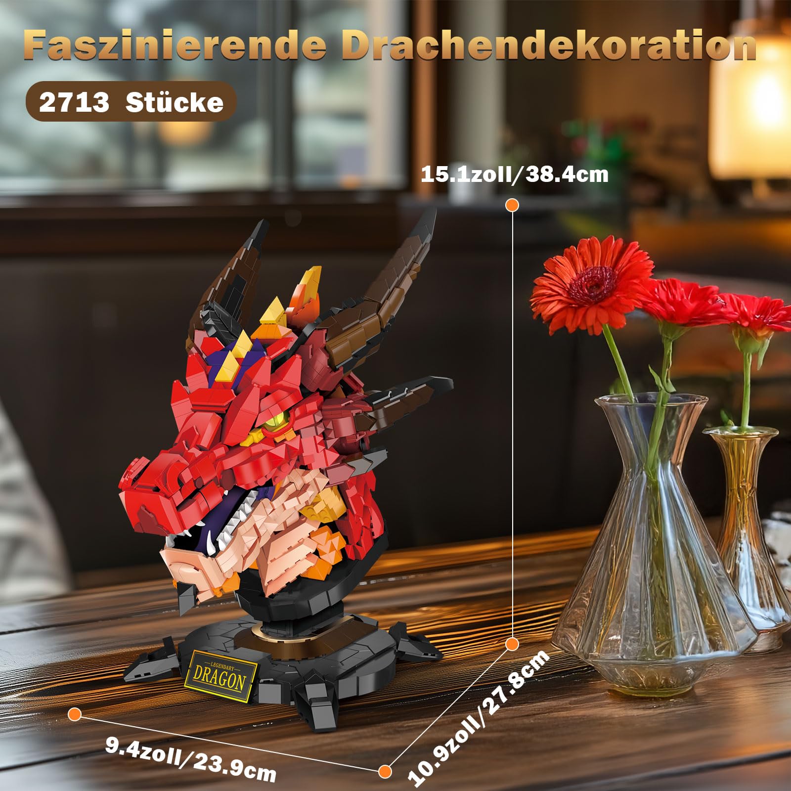 Drachenkopf Bausteine Set für Erwachsene, Roter Drache Klemmbausteine Spielzeug für Büro Heim Kunst Dekor, Geschenk für Erwachsener Jugendliche（2713 Stück）