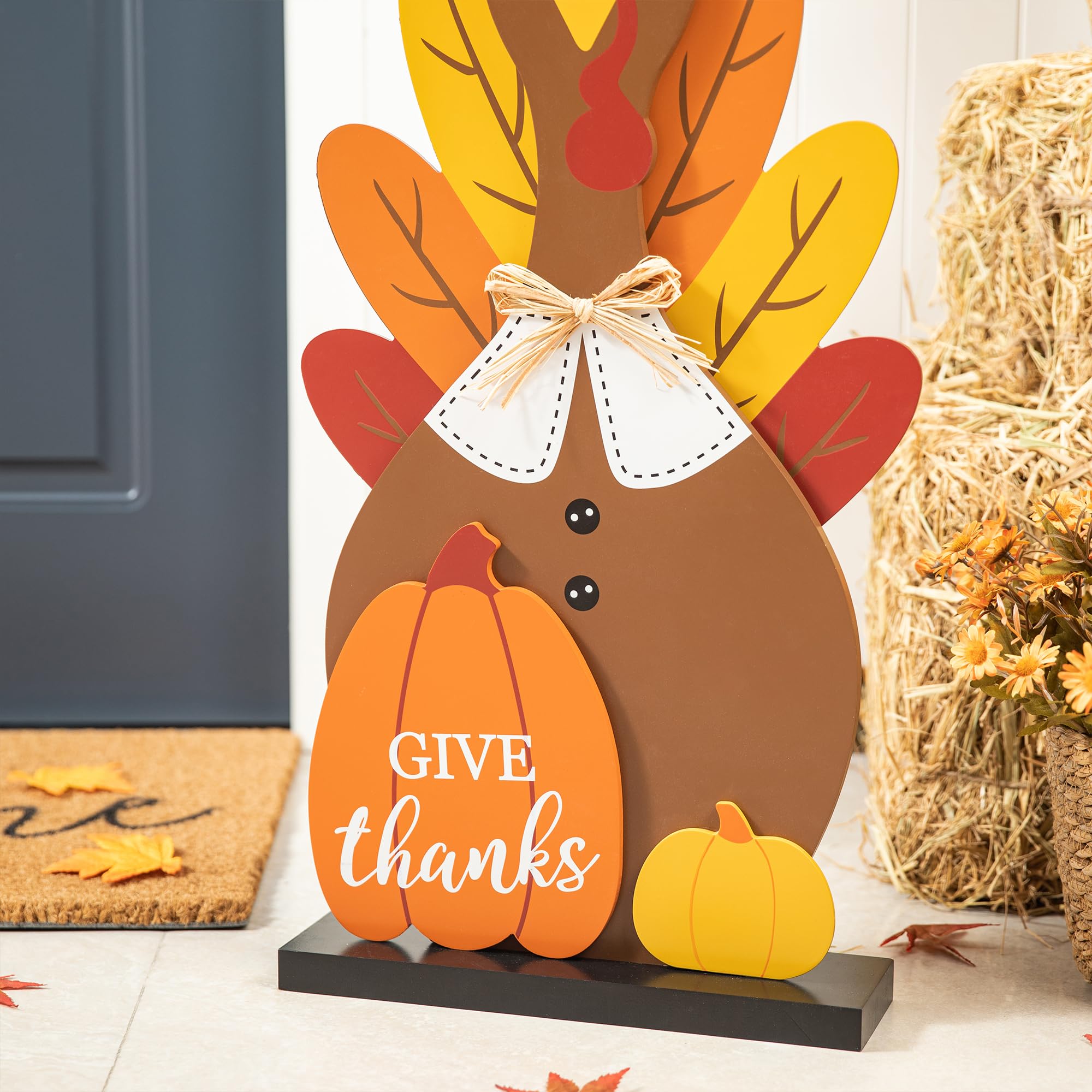 Glitzhome Decoración de porche de madera de Acción de Gracias de 31 pulgadas de alto con base de madera maciza, bonito pavo con sombrero negro, decoración de patio con calabaza para entrada al aire