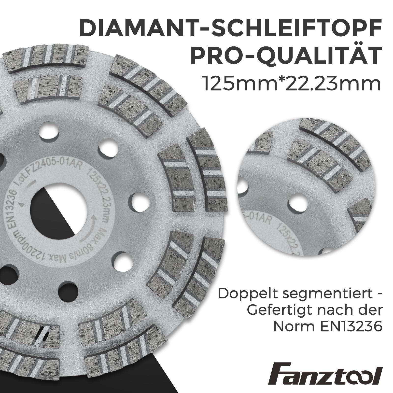 FANZTOOL 3. generacji pokrywa odsysająca do szlifierek kątowych w zestawie 125 mm diamentowa tarcza szlifierska *2 profesjonalna jakość – wymienne szczotki – 99% uniwersalne dopasowanie – wzmocniony
