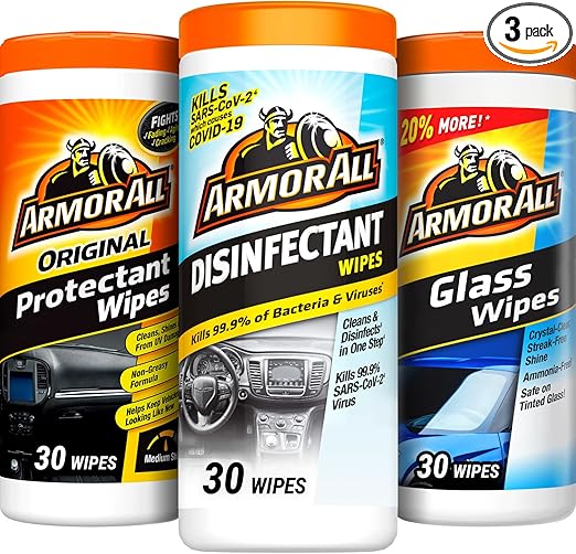 Armor All Car Cleaning Wipes Kit, Includes Protectant Wipes, Disinfectant Wipes, Glass Cleaner Wipes for Cars, Trucks, and Motorcycles (Pack of 3)
