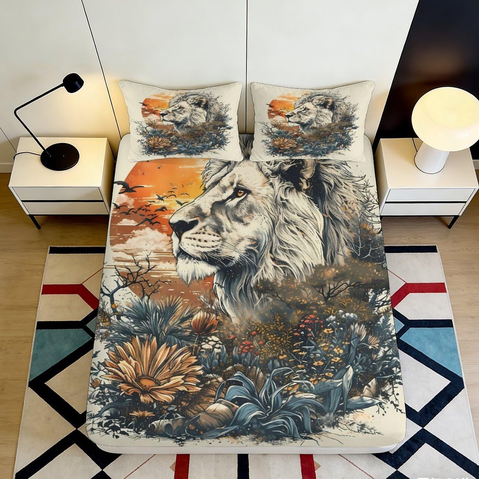 3D Printed Lion Sunset Fitted Sheet Microfiber Soft Durable Floral Bed Cover for Bedroom Guest Room Dormitory Mattress Protection 180x200x25cm