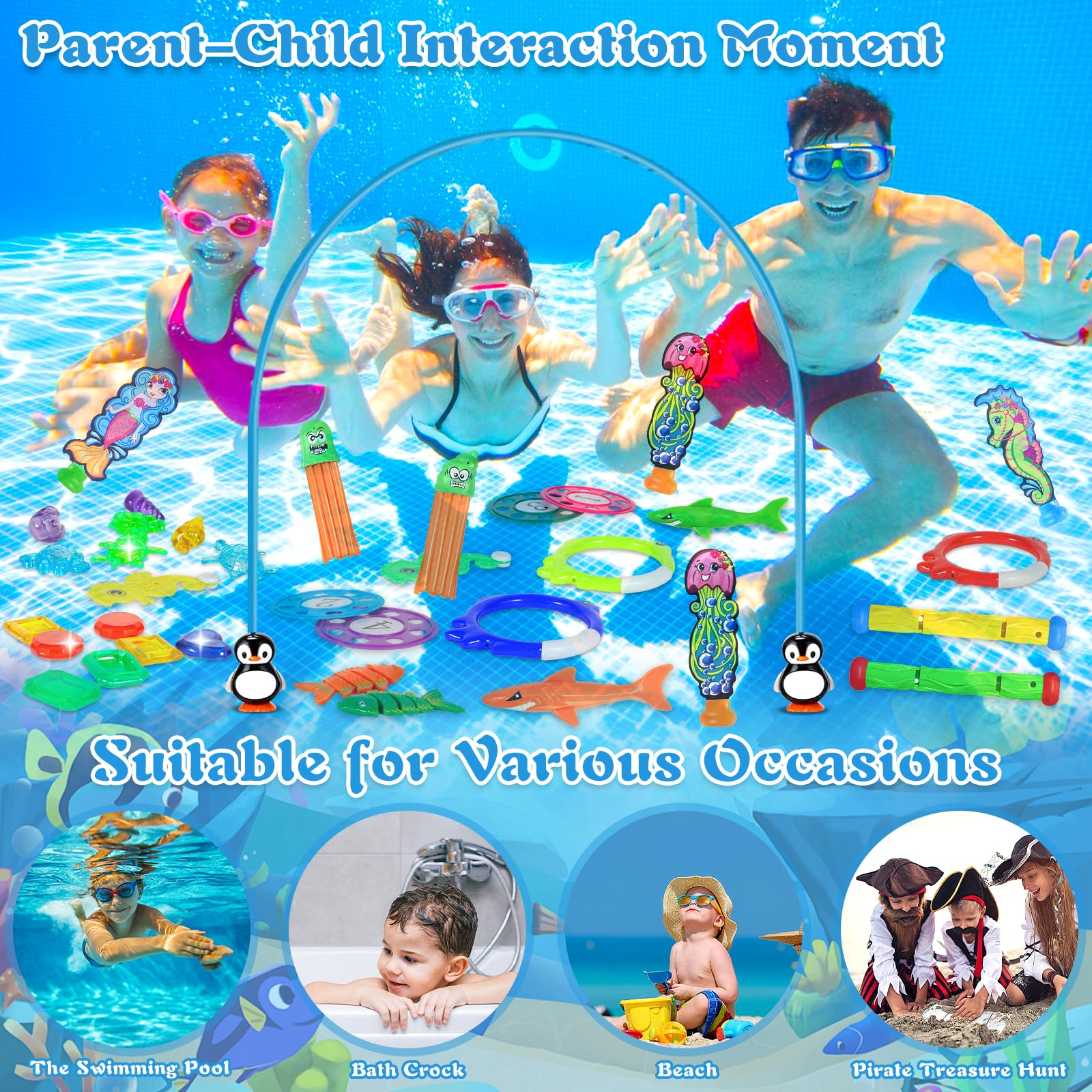 ZLPBAO 45 Pièces Jouet de Plongée Piscine, Jeux Piscine Enfant Jeu Exterieur Enfant Cadeau Garçon Fille 3-12 Ans, Anneaux de Plongée,Torpedo Bandits avec Un Sac, Enfants L'entraînement sous-Ma